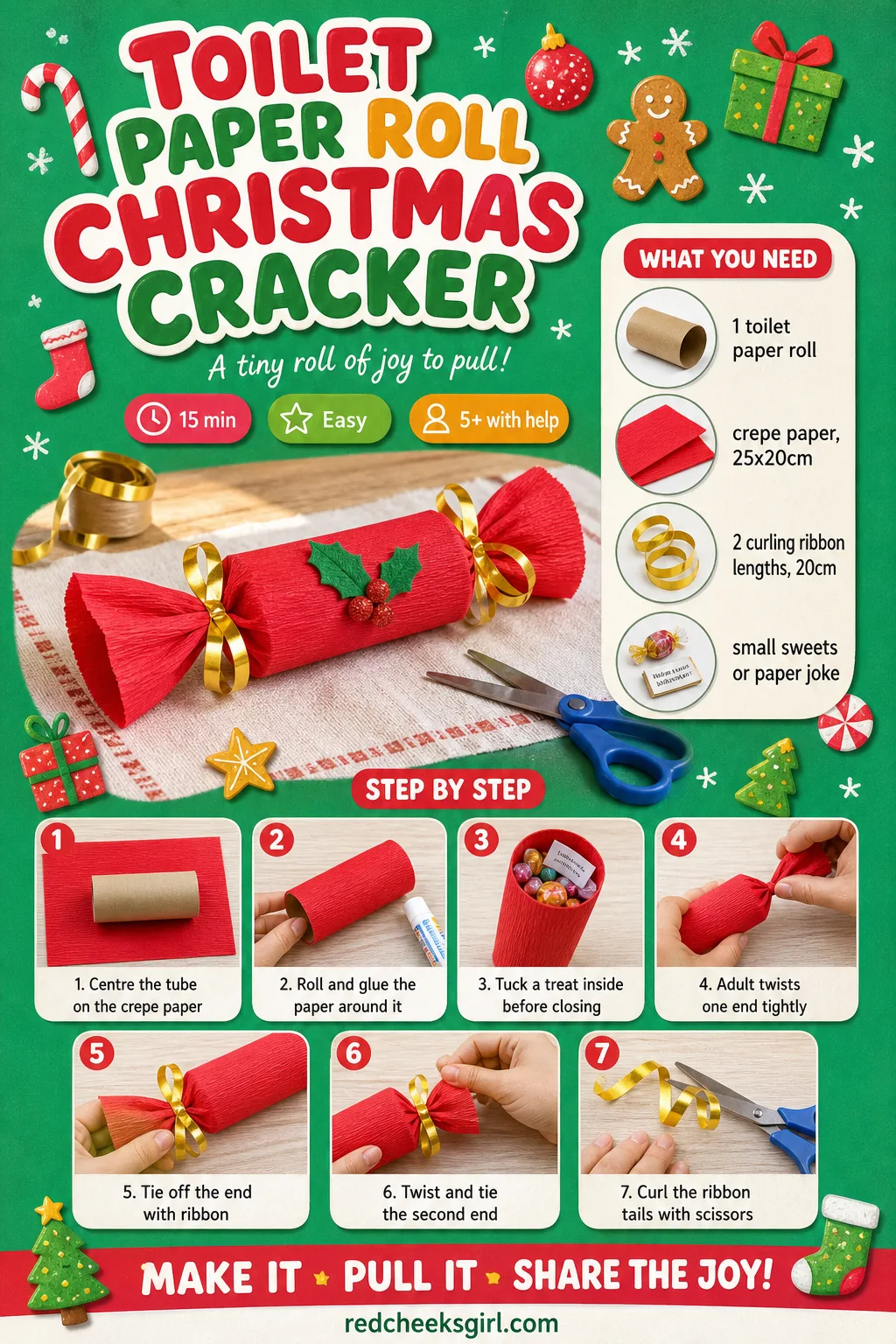 Toilet Paper Roll Christmas Cracker Craft Card printable sheet — Printable step card for the cracker craft. Toilet paper roll crafts christmas