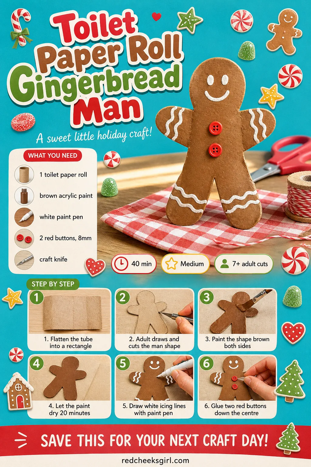 Toilet Paper Roll Gingerbread Man Craft Card printable sheet — Printable step card for the gingerbread man craft. Toilet paper roll crafts christmas