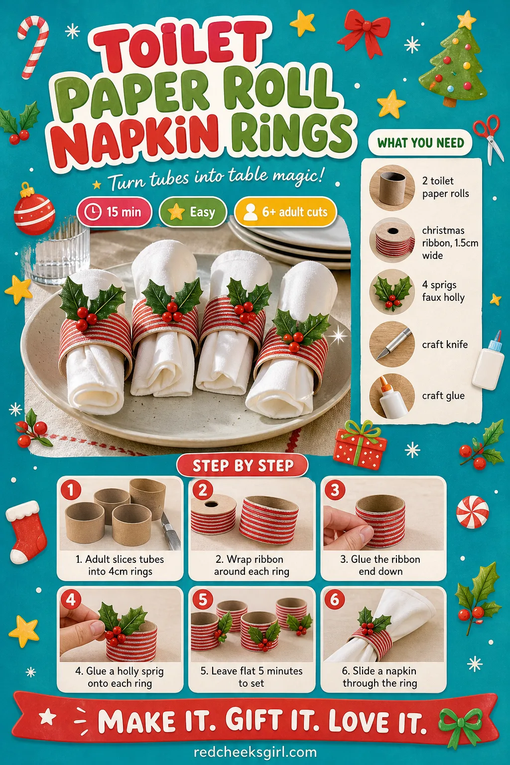 Toilet Paper Roll Napkin Rings Craft Card printable sheet — Printable step card for the napkin ring craft. Toilet paper roll crafts christmas