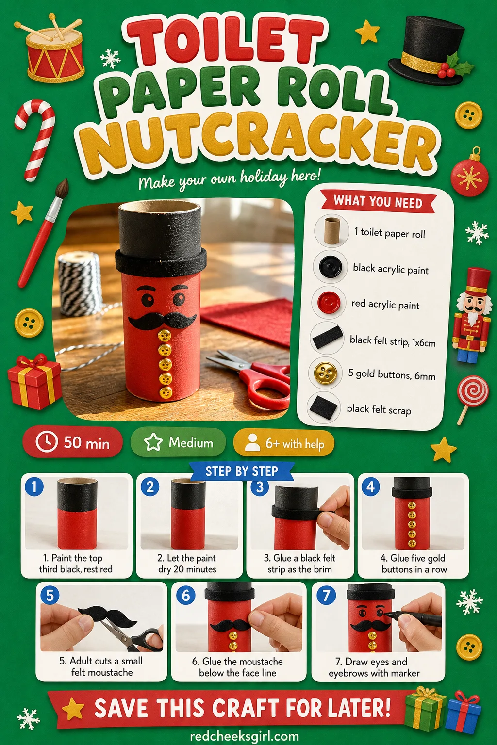 Toilet Paper Roll Nutcracker Craft Card printable sheet — Printable step card for the nutcracker craft. Toilet paper roll crafts christmas