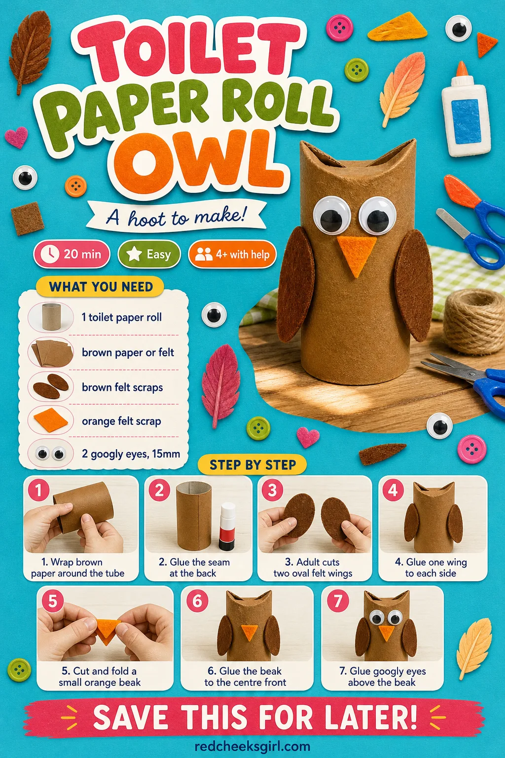 Toilet Paper Roll Owl Craft Card printable sheet — Printable step card for the owl craft. Toilet paper roll crafts christmas