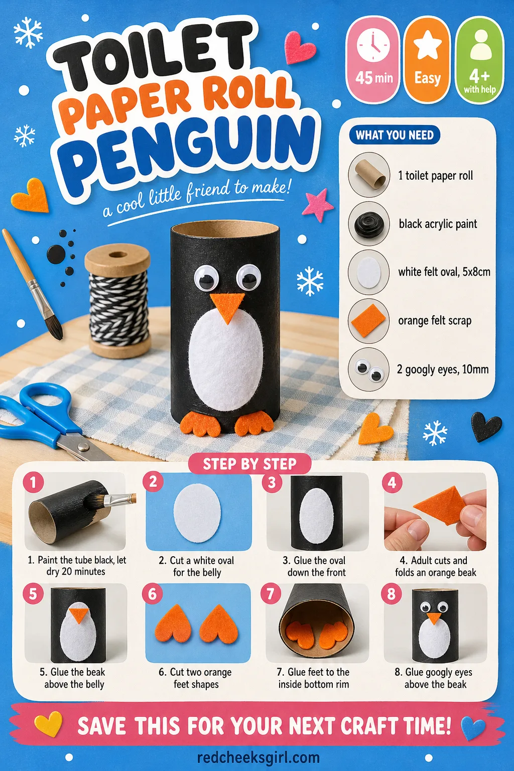 Toilet Paper Roll Penguin Craft Card printable sheet — Printable step card for the penguin craft. Toilet paper roll crafts christmas