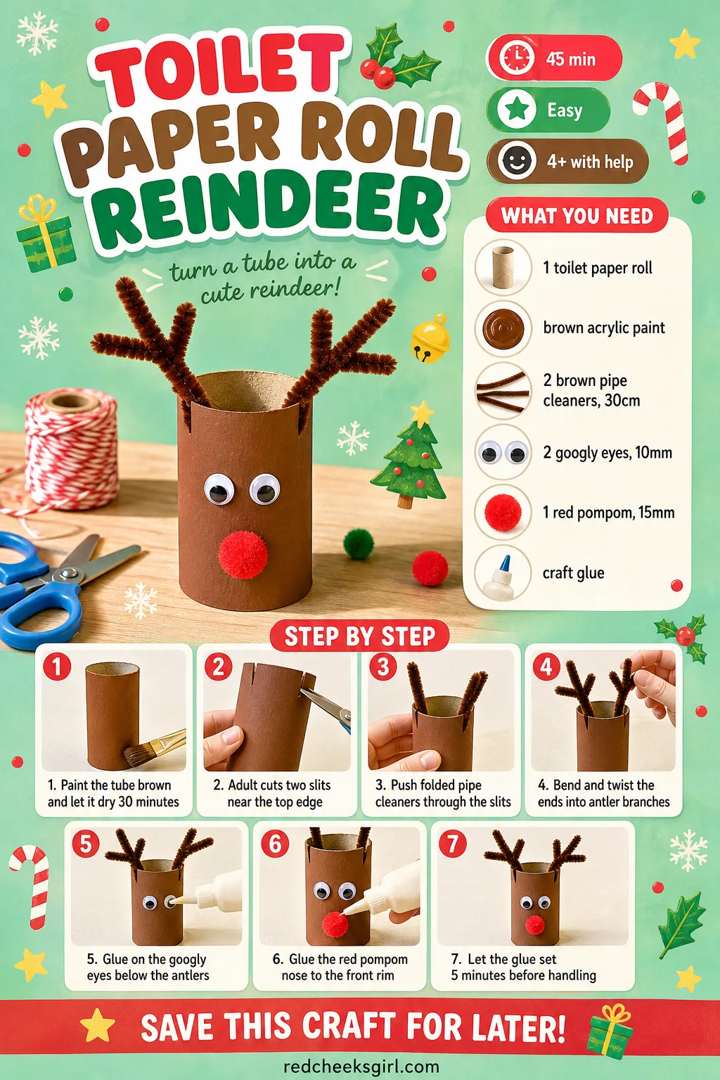 Toilet Paper Roll Reindeer Craft Card printable sheet — Printable step card for the reindeer craft. Toilet paper roll crafts christmas