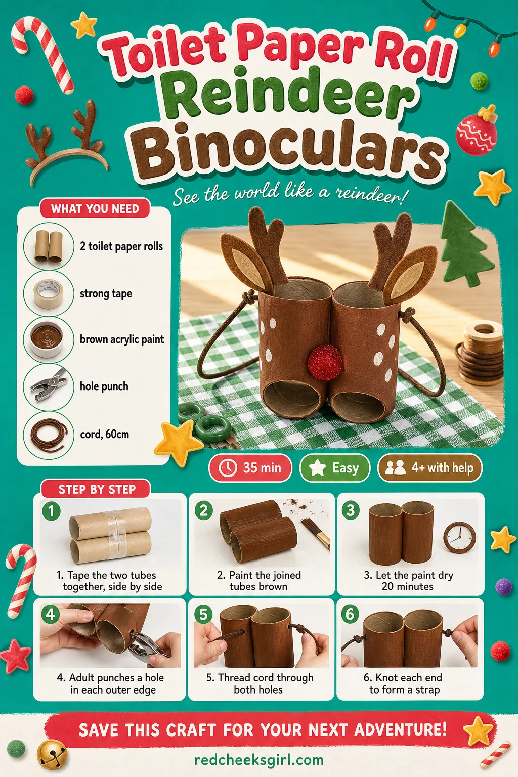 Toilet Paper Roll Reindeer Binoculars Craft Card printable sheet — Printable step card for the binoculars craft. Toilet paper roll crafts christmas