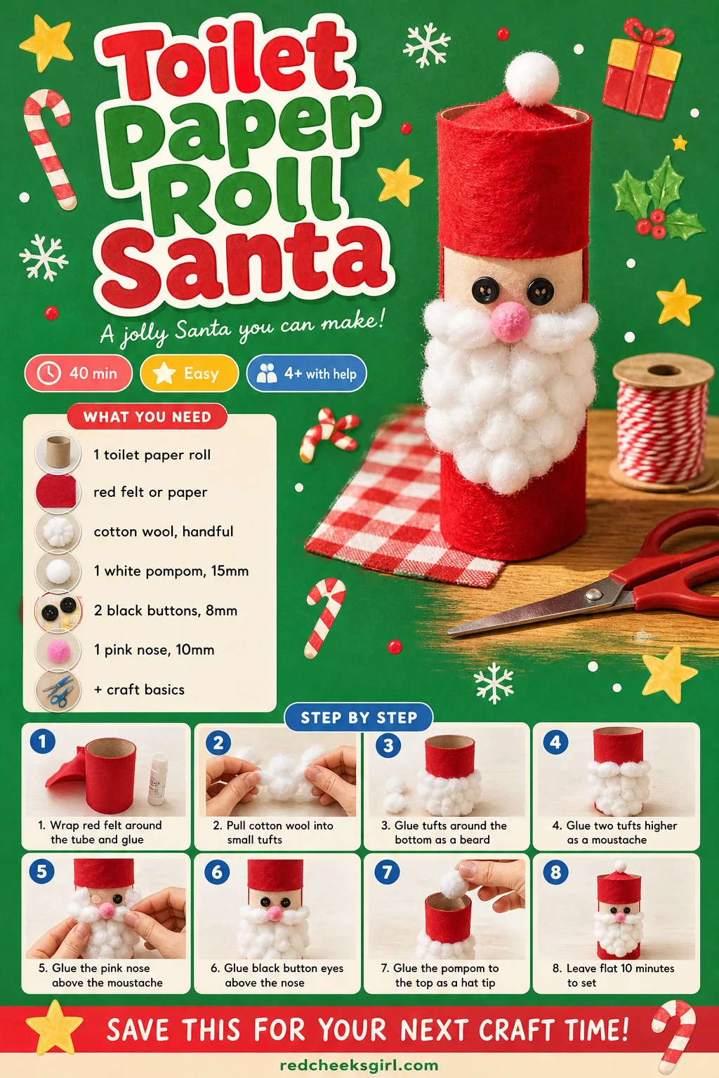 Toilet Paper Roll Santa Craft Card printable sheet — Printable step card for the Santa craft. Toilet paper roll crafts christmas