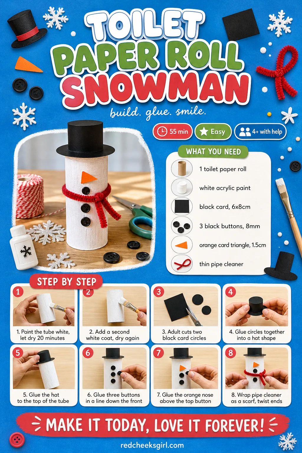 Toilet Paper Roll Snowman Craft Card printable sheet — Printable step card for the snowman craft. Toilet paper roll crafts christmas