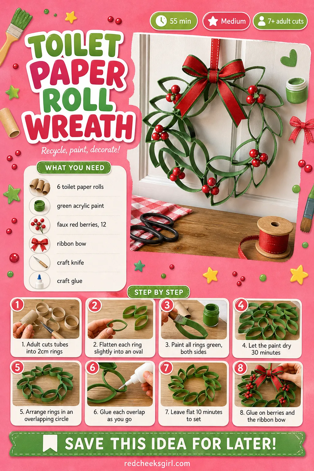 Toilet Paper Roll Wreath Craft Card printable sheet — Printable step card for the wreath craft. Toilet paper roll crafts christmas