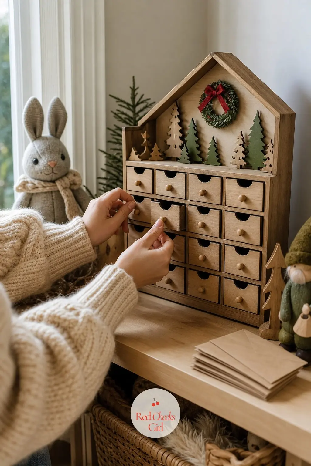 An Advent Calendar Corner for the Countdown — A wooden advent calendar with twenty four numbered drawers, set on a low shelf where little hands can reach it