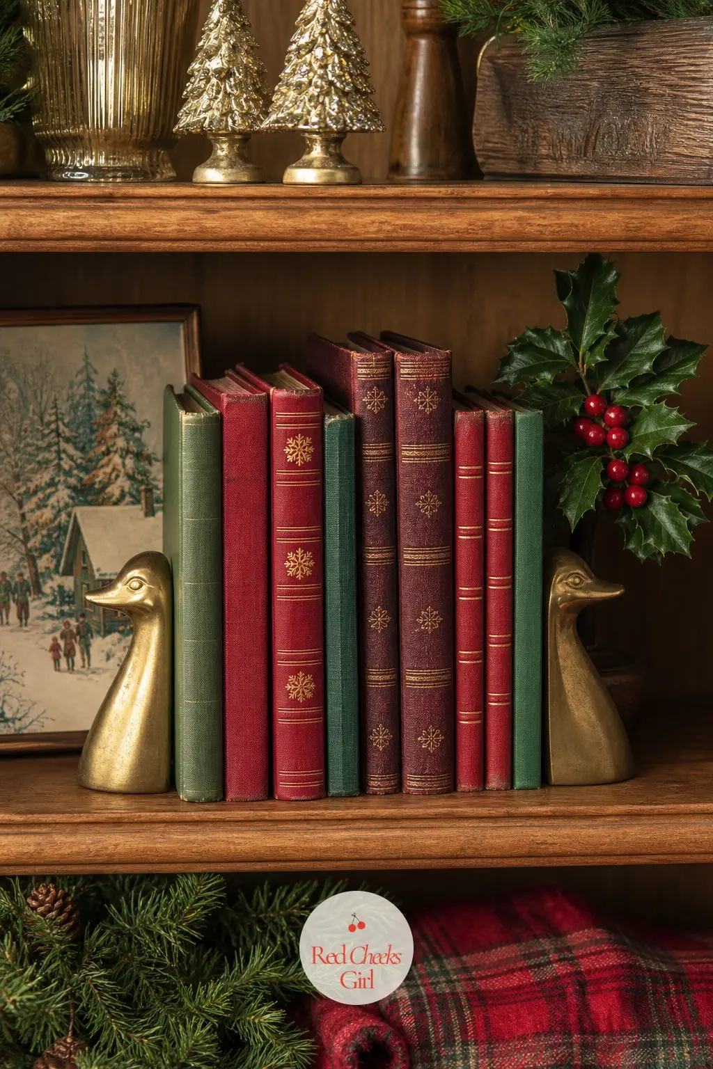 Bookshelves Styled Like They Belong to the Season — Pull a few books with red or green spines to the front of each shelf, stack two gold bookends against them