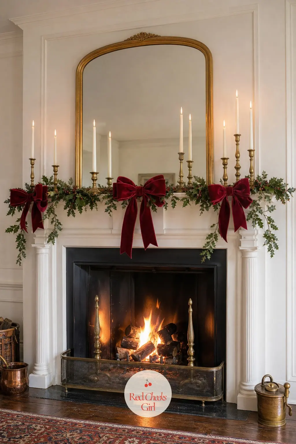 Brass Candlesticks and Velvet Bows Along the Mantel Shelf — Rather than a heavy garland, let a row of mismatched brass candlesticks in varying heights carry