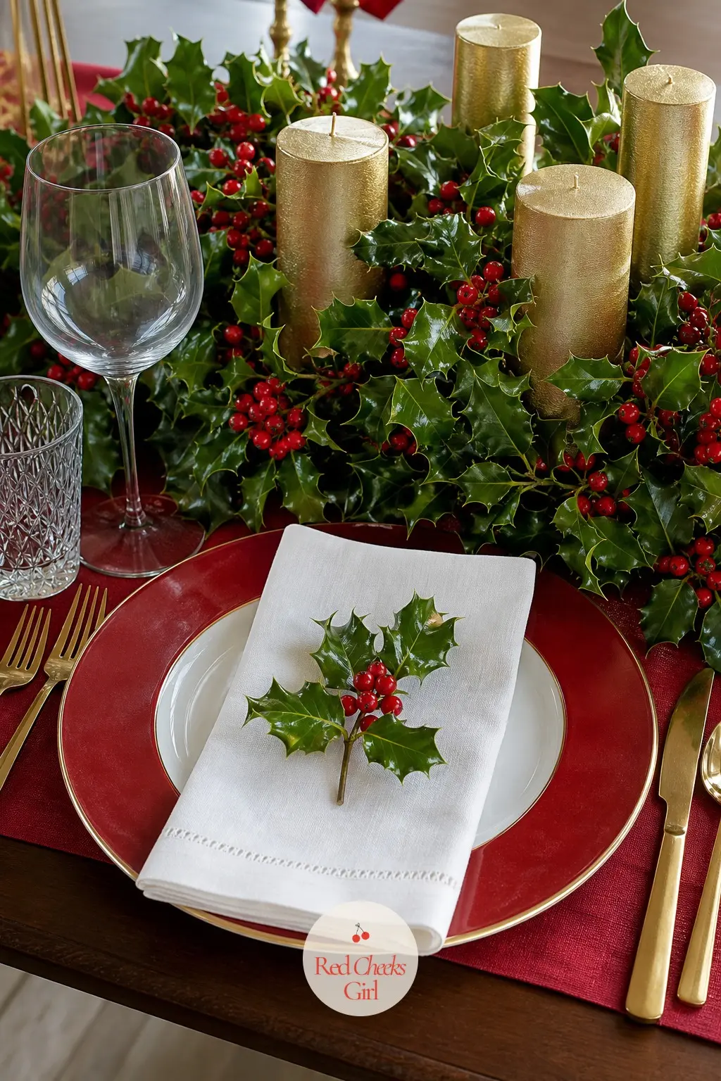 The Centrepiece and One Place Setting Worth Copying — A low centrepiece of holly, berries and a few gold pillar candles keeps sightlines open across the table