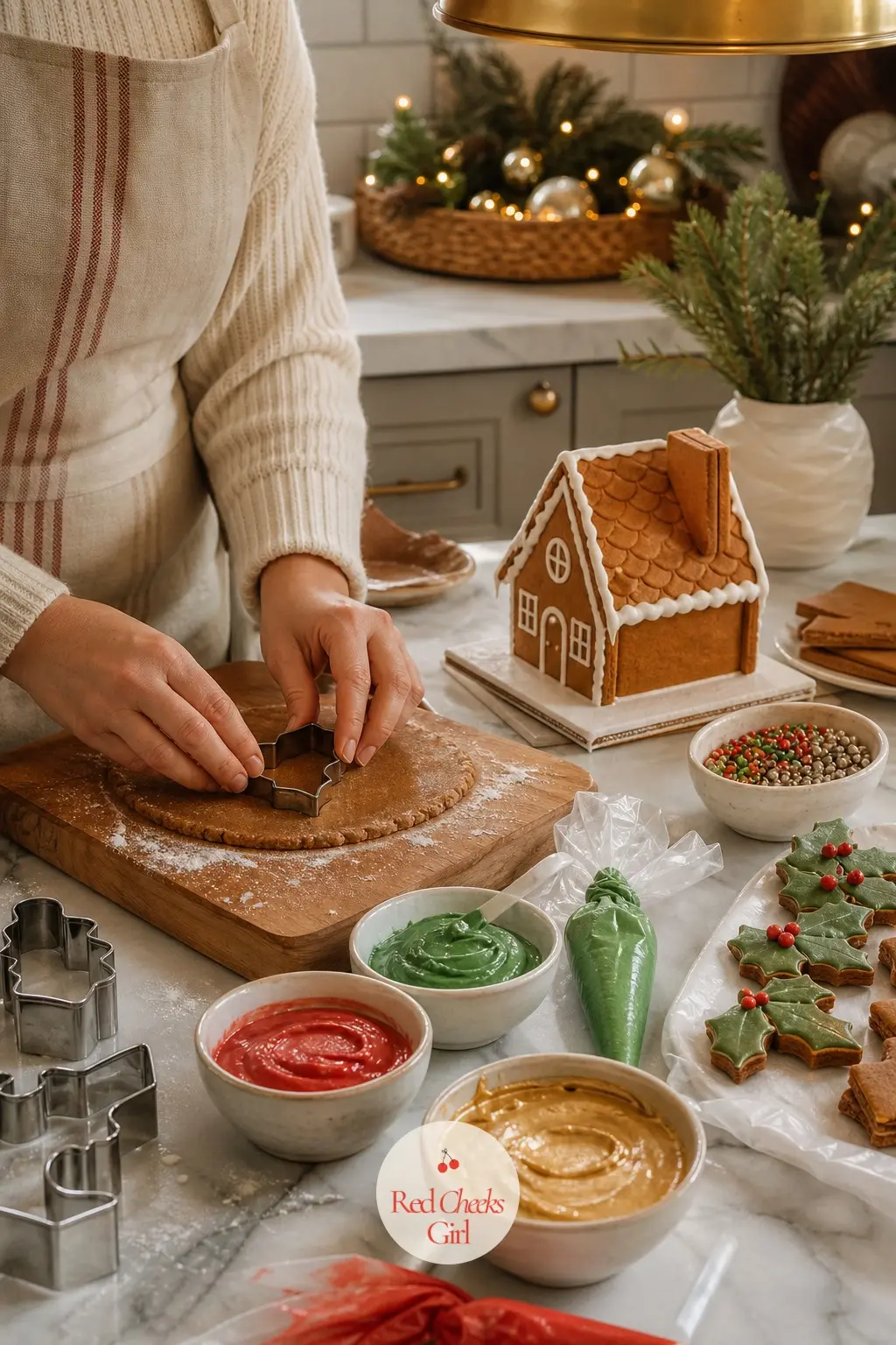 A Cookie Station on the Kitchen Counter — Clear one stretch of counter for a gingerbread house kit, a stack of red and gold cookie tins and a tray of