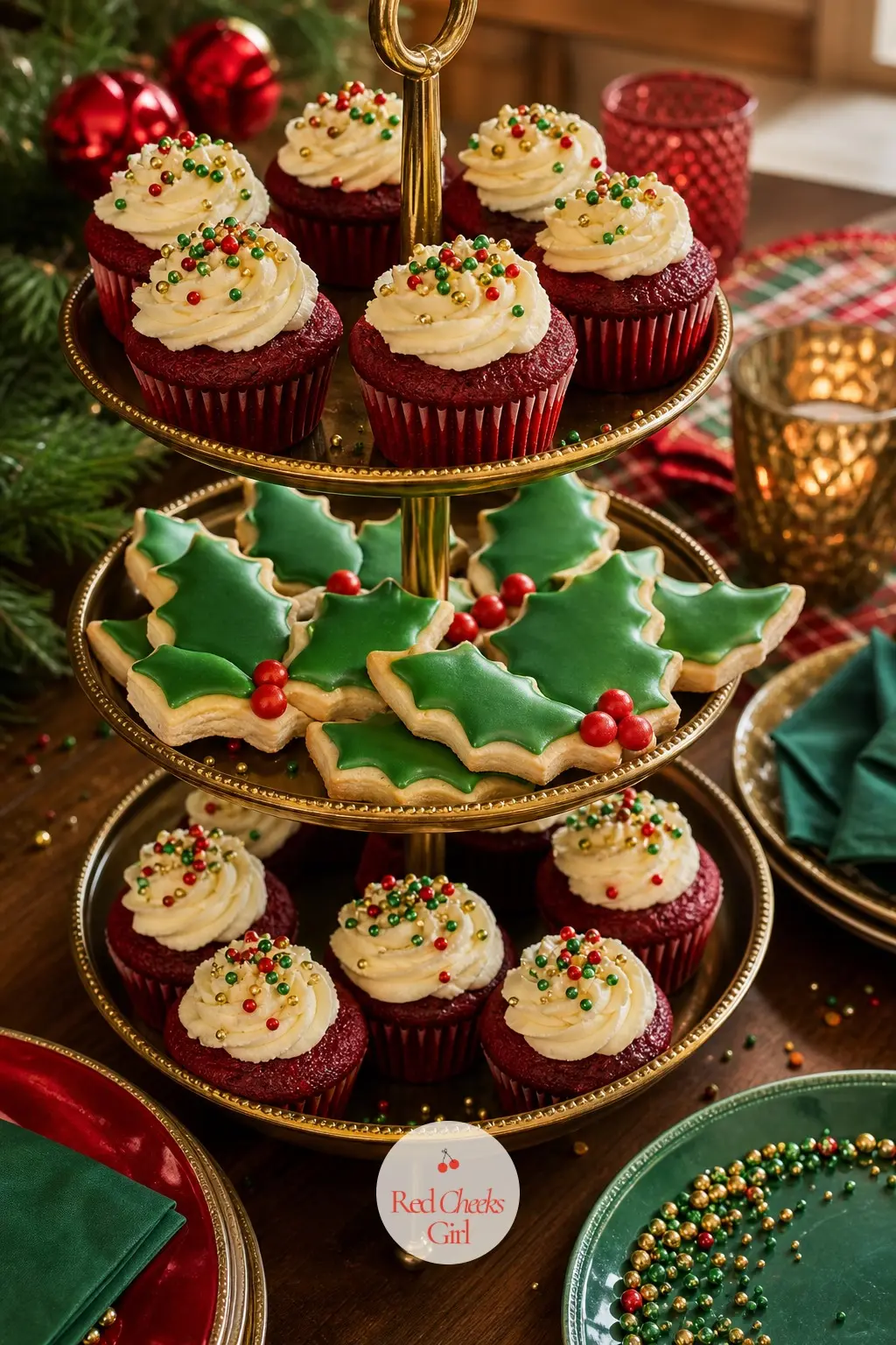 Desserts and Cookies Dressed in the Same Three Colours — A dessert table only needs to commit to the palette to look pulled together: red velvet cupcakes