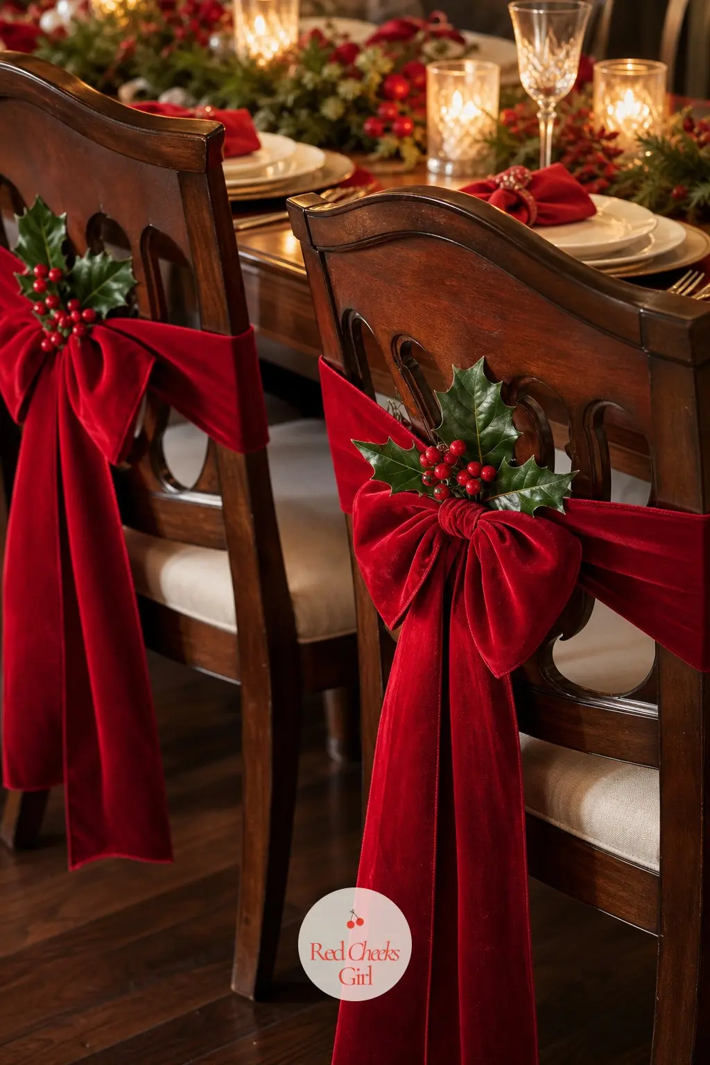 Dining Chairs Wearing Their Own Red Bows — Eight chairs tied with matching red velvet sashes and bows turn a plain dining set into part of the decoration, not