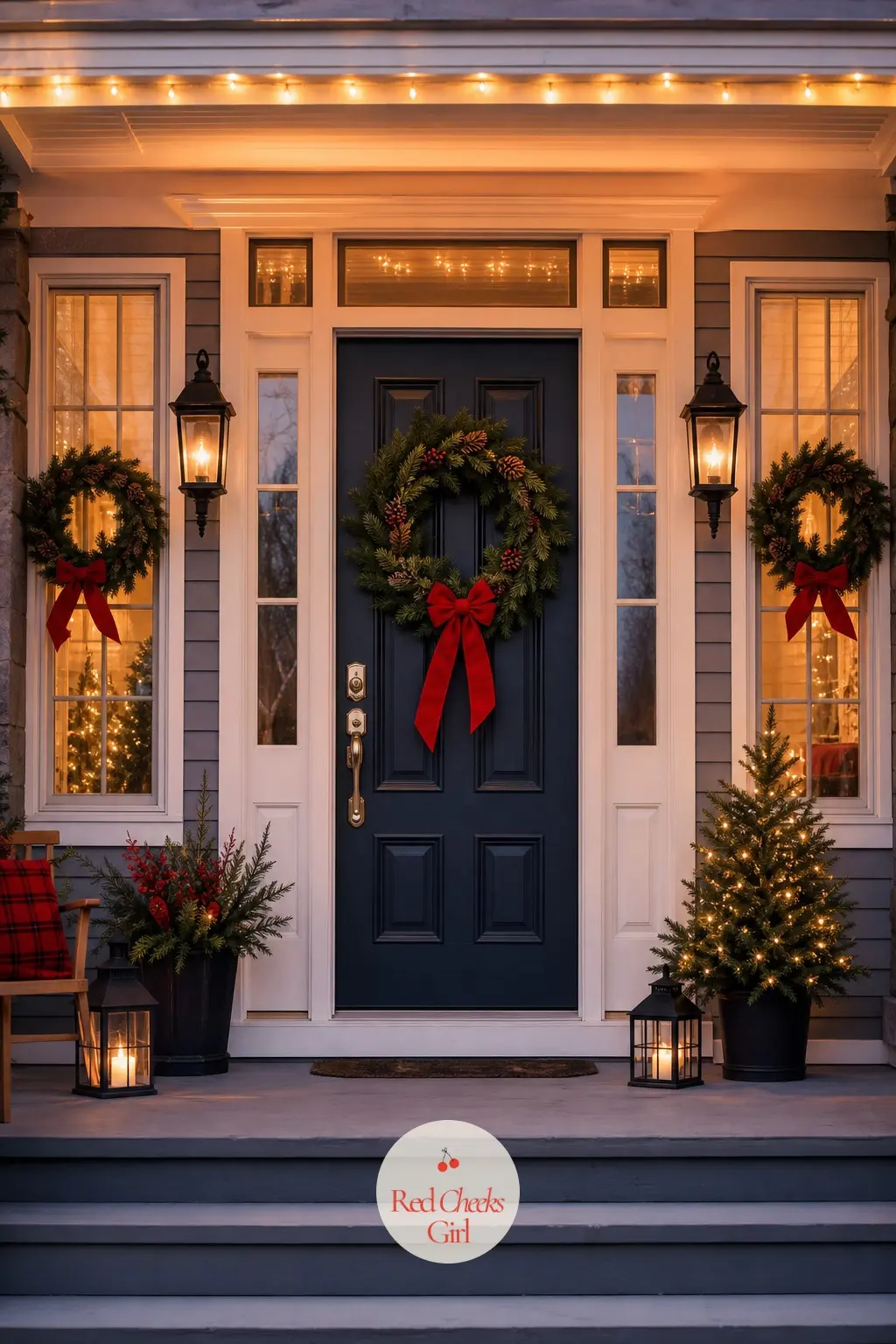 The Front Door and Porch Before Anyone Knocks — A wreath for each of two front windows, flanking the door, reads as far more considered than a single wreath on