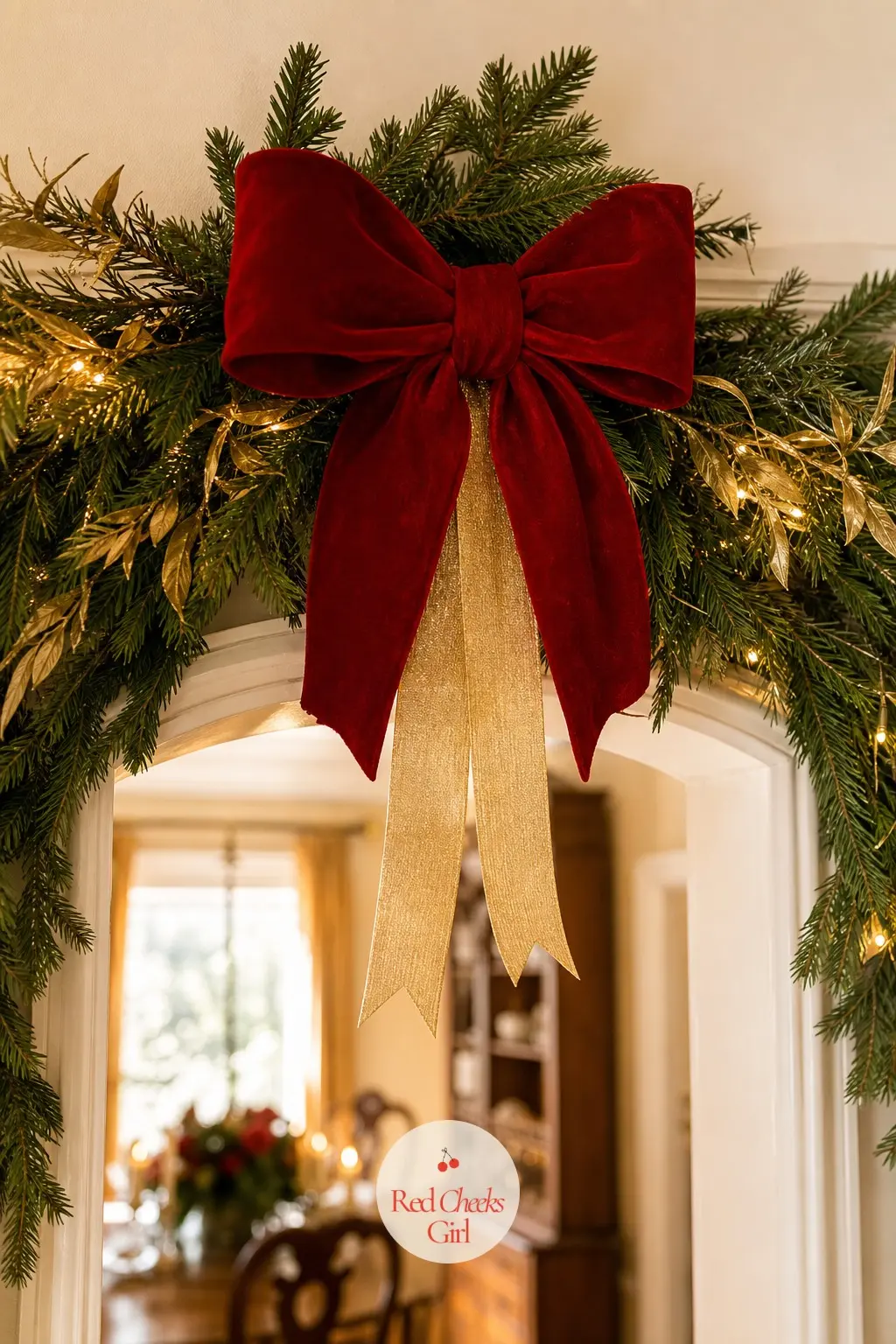 A Garland Over the Archway Between Rooms — An archway between the living and dining rooms is easy to forget and obvious once it is dressed: nine feet of fresh