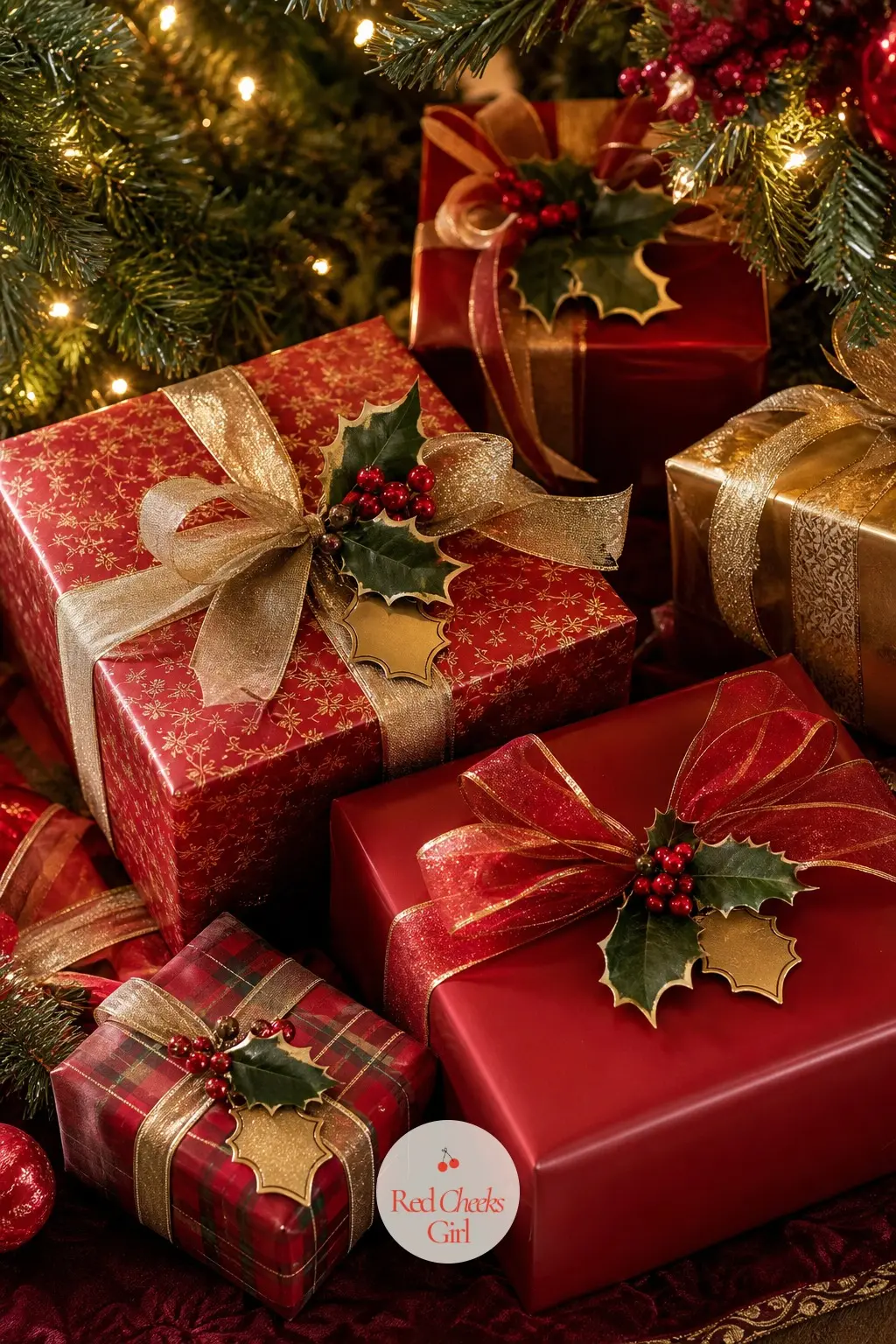 Gifts Wrapped to Match the Room They Sit In — Two rolls of red paper and two rolls of gold, alternated rather than mixed on the same box, keep the pile under
