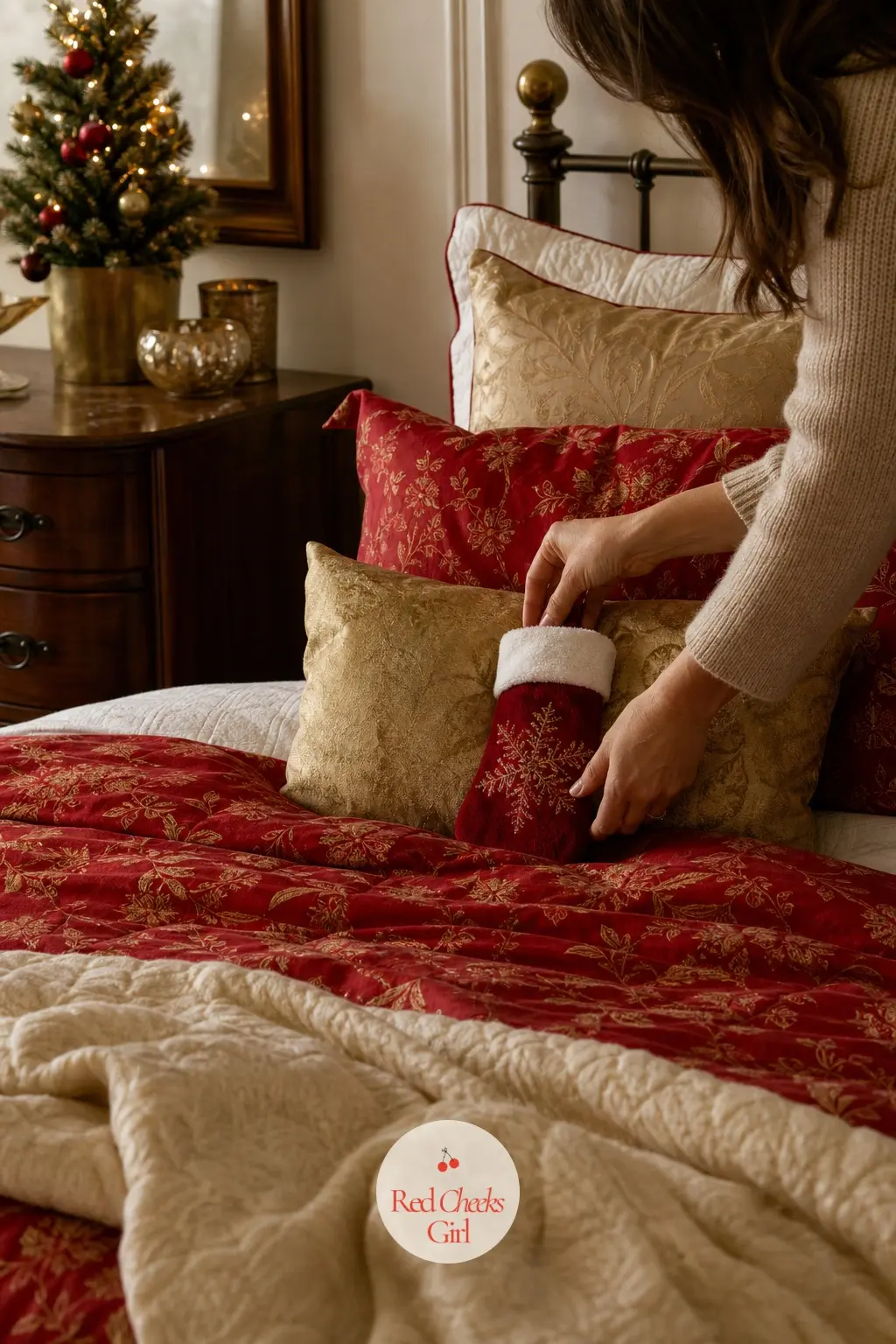 A Guest Bedroom That Feels Like Christmas Morning — A red and gold bedding set, a mini tabletop tree on the dresser, and one small stocking propped against the