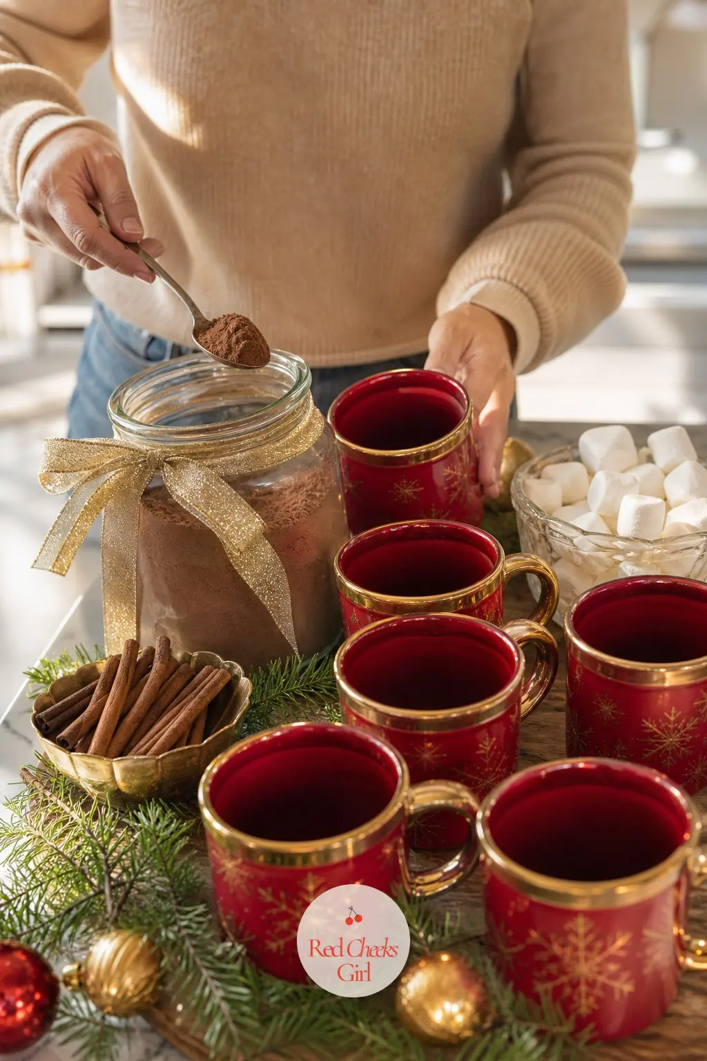 A Hot Cocoa Station for the Children — Six mugs in red and gold, a jar of cocoa mix with a gold ribbon tied at the lid, and a small dish of marshmallows turn a