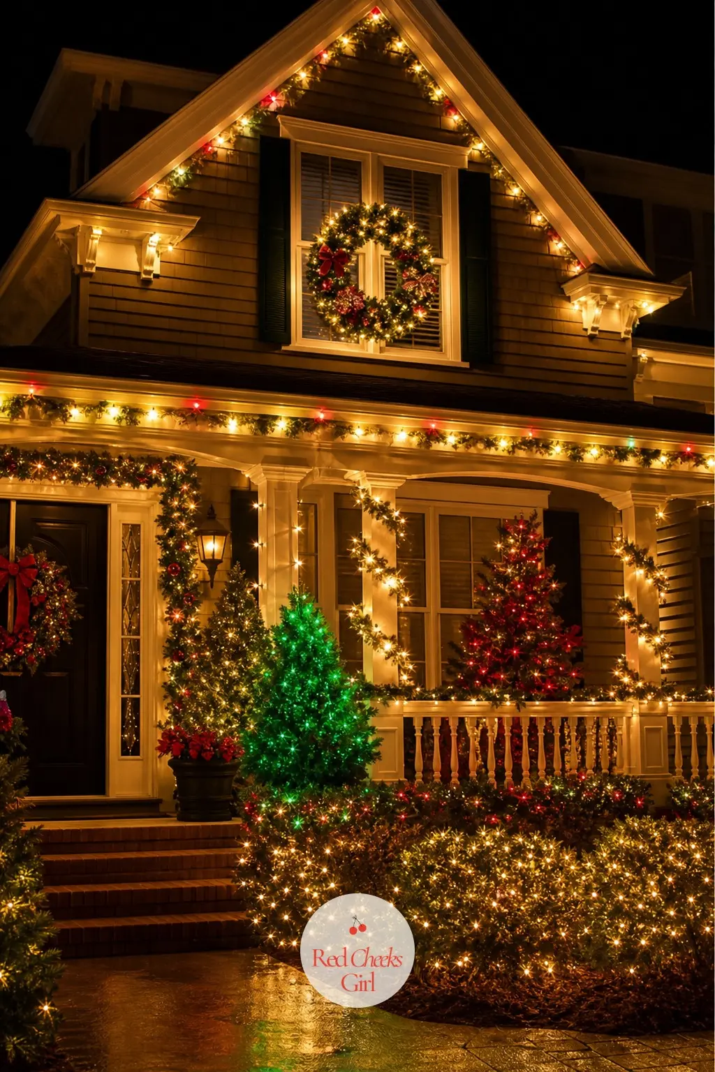 The House Lit Up Red, Green and Gold After Dark — Warm white string lights along the roofline and porch posts, with a few red and gold accent bulbs mixed in