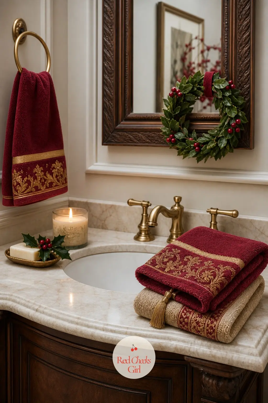 A Powder Room Finished to the Last Towel — Swap the everyday hand towels for a red and gold pair, set out a single holly-scented soap, and light one small
