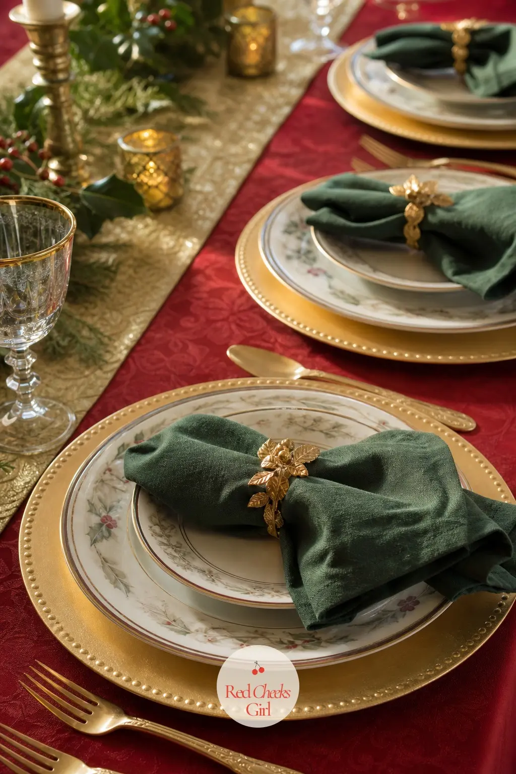 A Red Cloth, Gold Runner and the Layers Under Each Plate — Build the table from the bottom up: a floor-length red cloth first, a gold runner down the centre