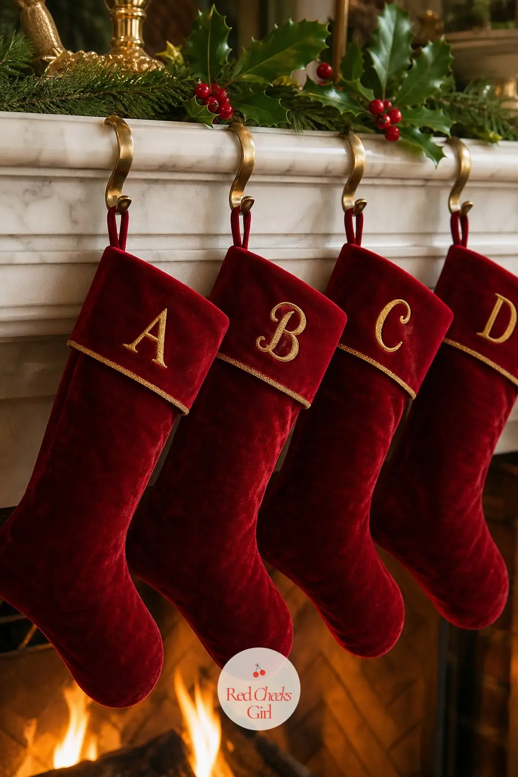Red Stockings in a Row, Each With a Gold Initial — Four velvet stockings in the same deep red, each finished with a gold-embroidered initial, read as a set