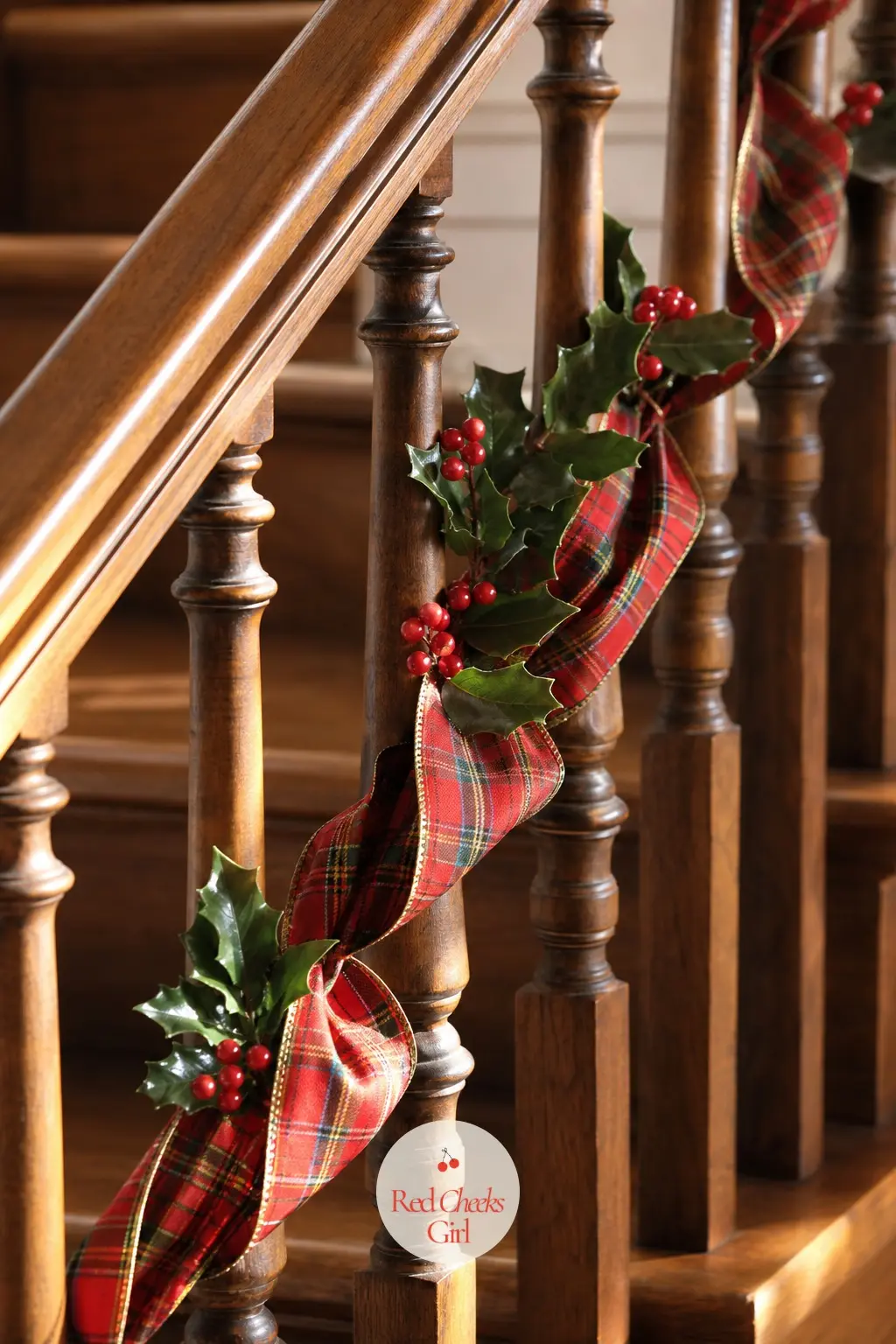 A Red Tartan Ribbon Laced Straight Through the Banister — Skip the greenery entirely here and lace nine feet of red tartan ribbon with a thread of gold through