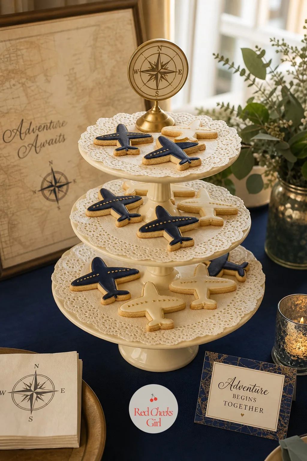 Airplane Cookies — A table of heart shaped sugar cookies looks like every shower that came before it. Travel bridal shower theme