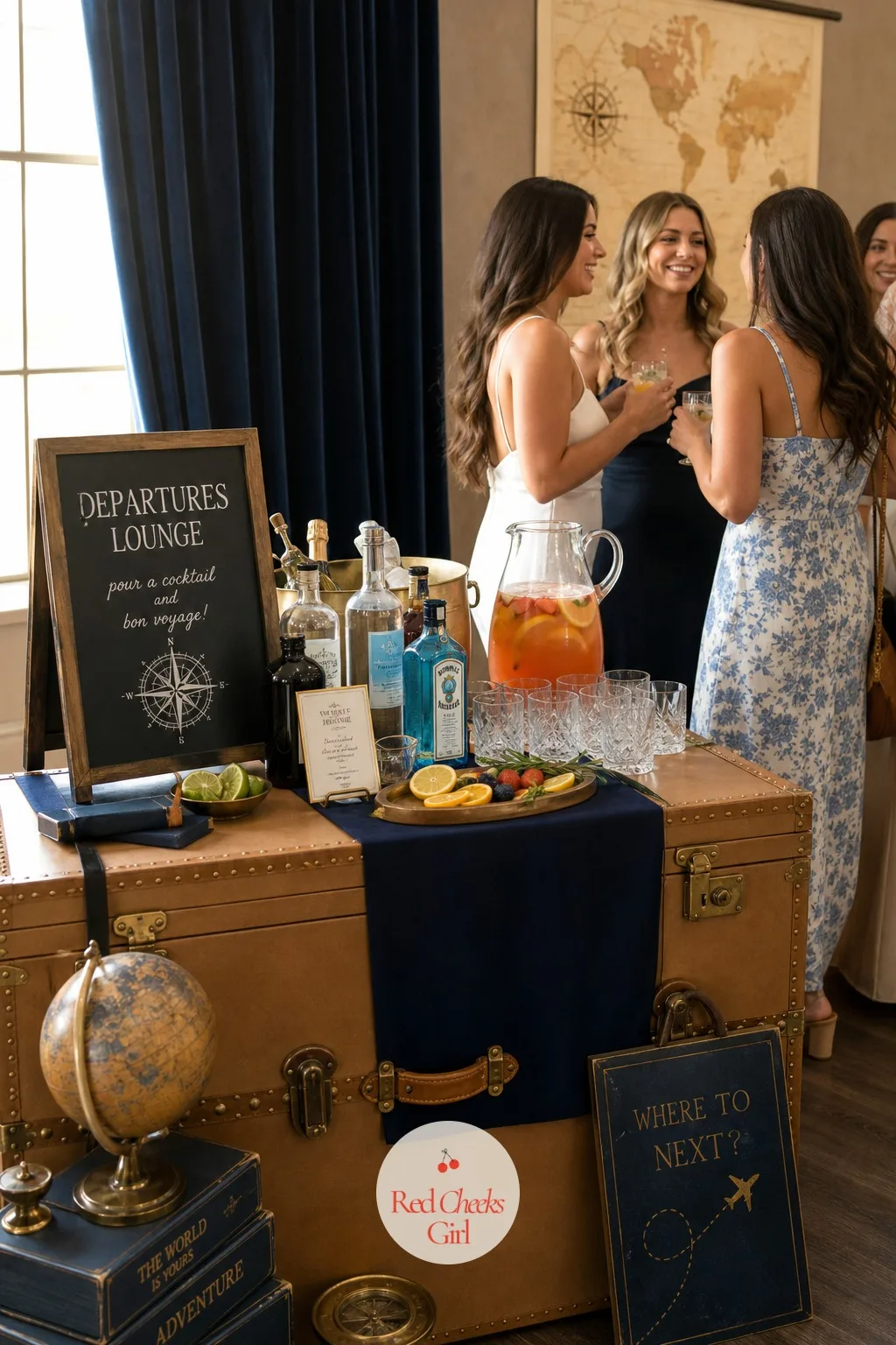Departures Lounge Cocktail Bar — A folding table with unlabeled pitchers leaves every guest asking what is in the jug before they will pour a glass. Travel