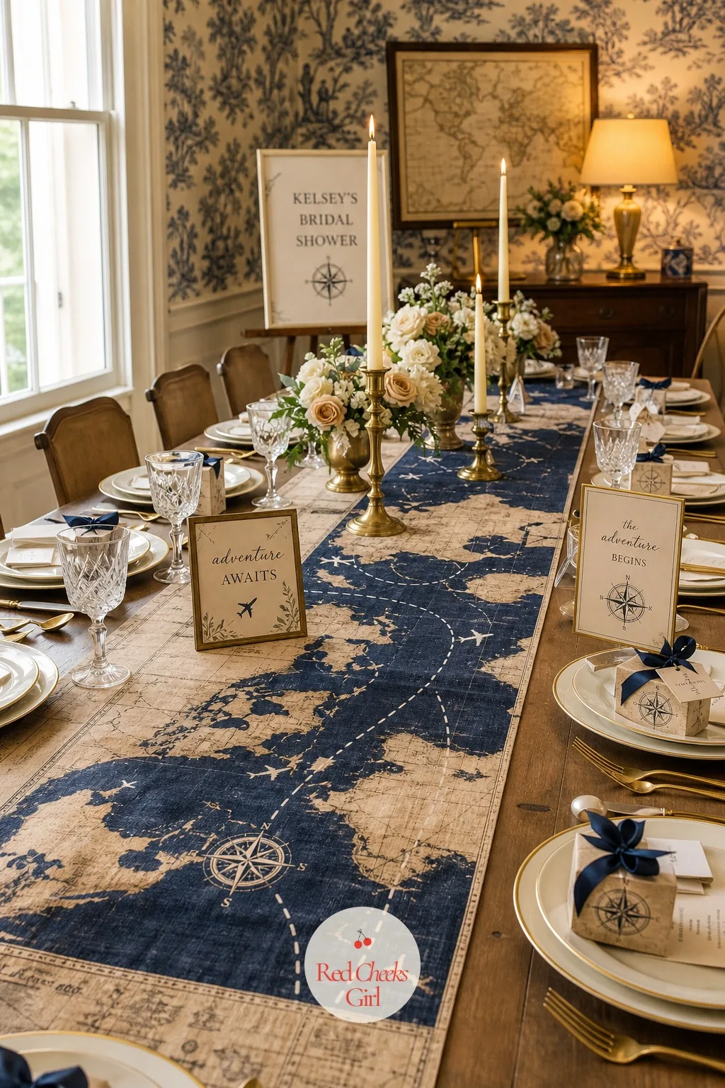 Flight Path Map Table Runner — A solid navy runner holds the palette well enough but spends its whole length saying nothing. Travel bridal shower theme