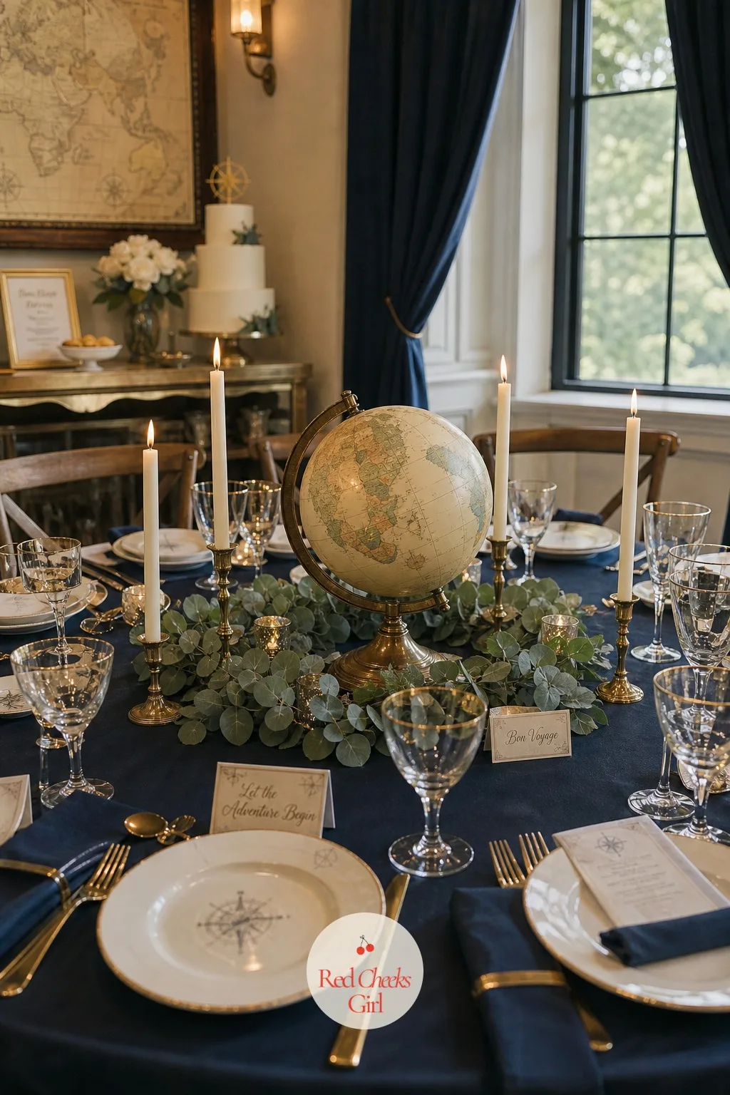 Globe Centerpieces — Flowers alone say elegant but not where elegant is headed; a small globe at the center of each table says it without a word. Travel bridal