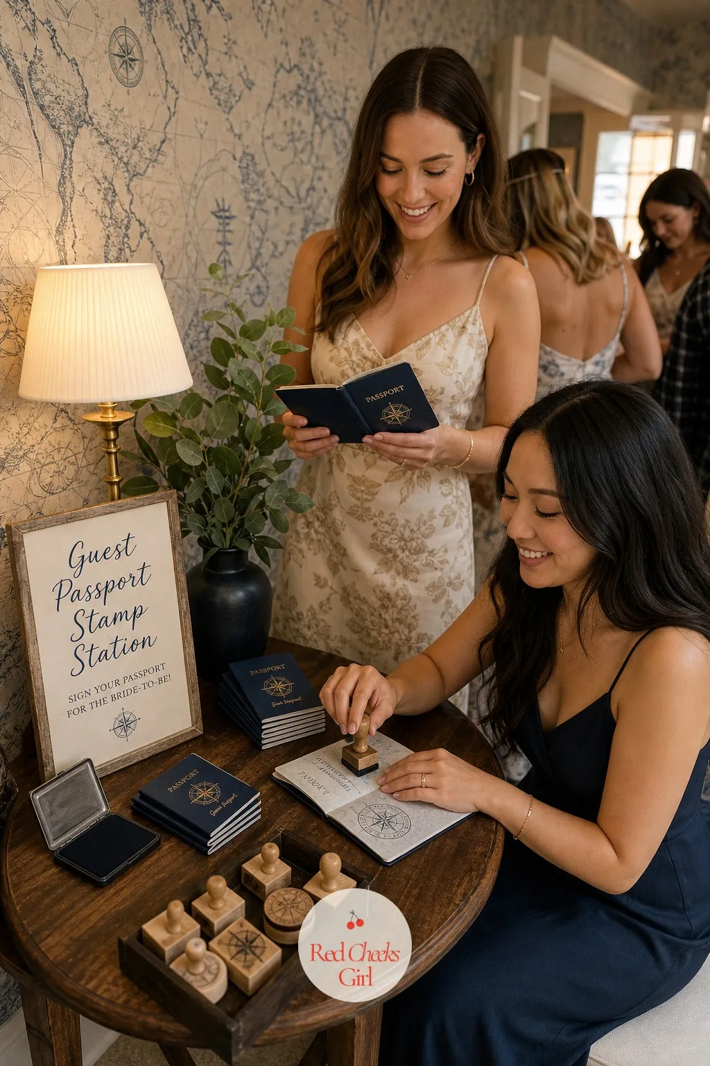 Guest Passport Stamp Station — A guest book gets one signature and then sits on a shelf, rarely opened again. Travel bridal shower theme