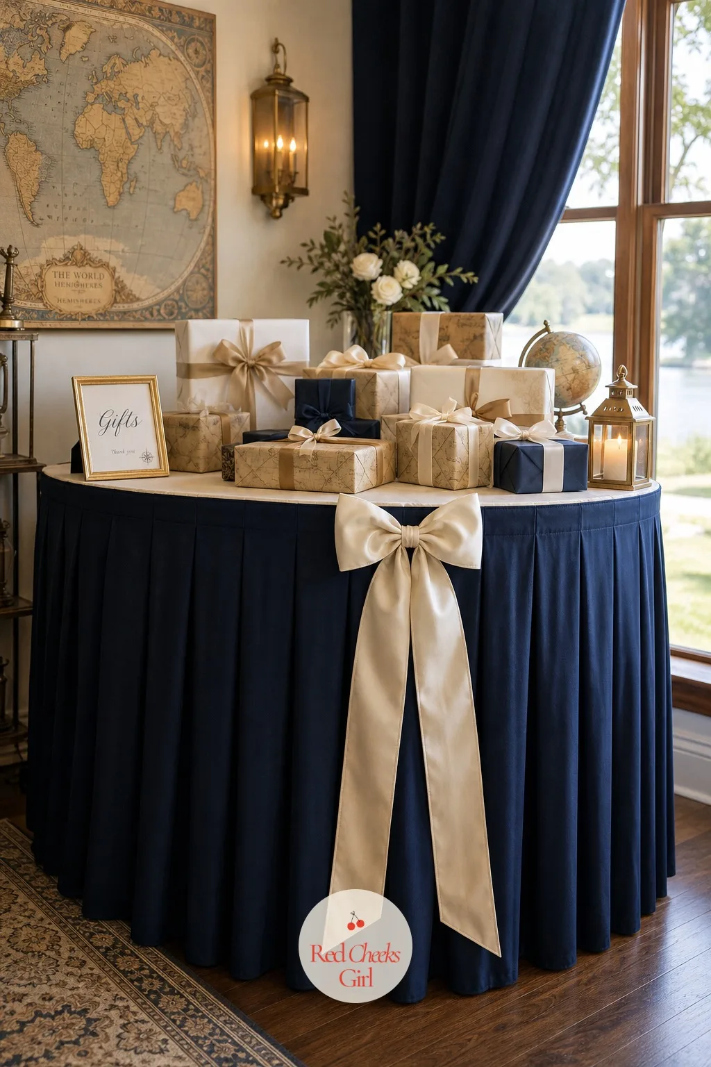 Navy Pleated Table Skirt With Ivory Bow — A folding table hidden under a short cloth still shows its legs at the bottom, and that one gap undoes an otherwise