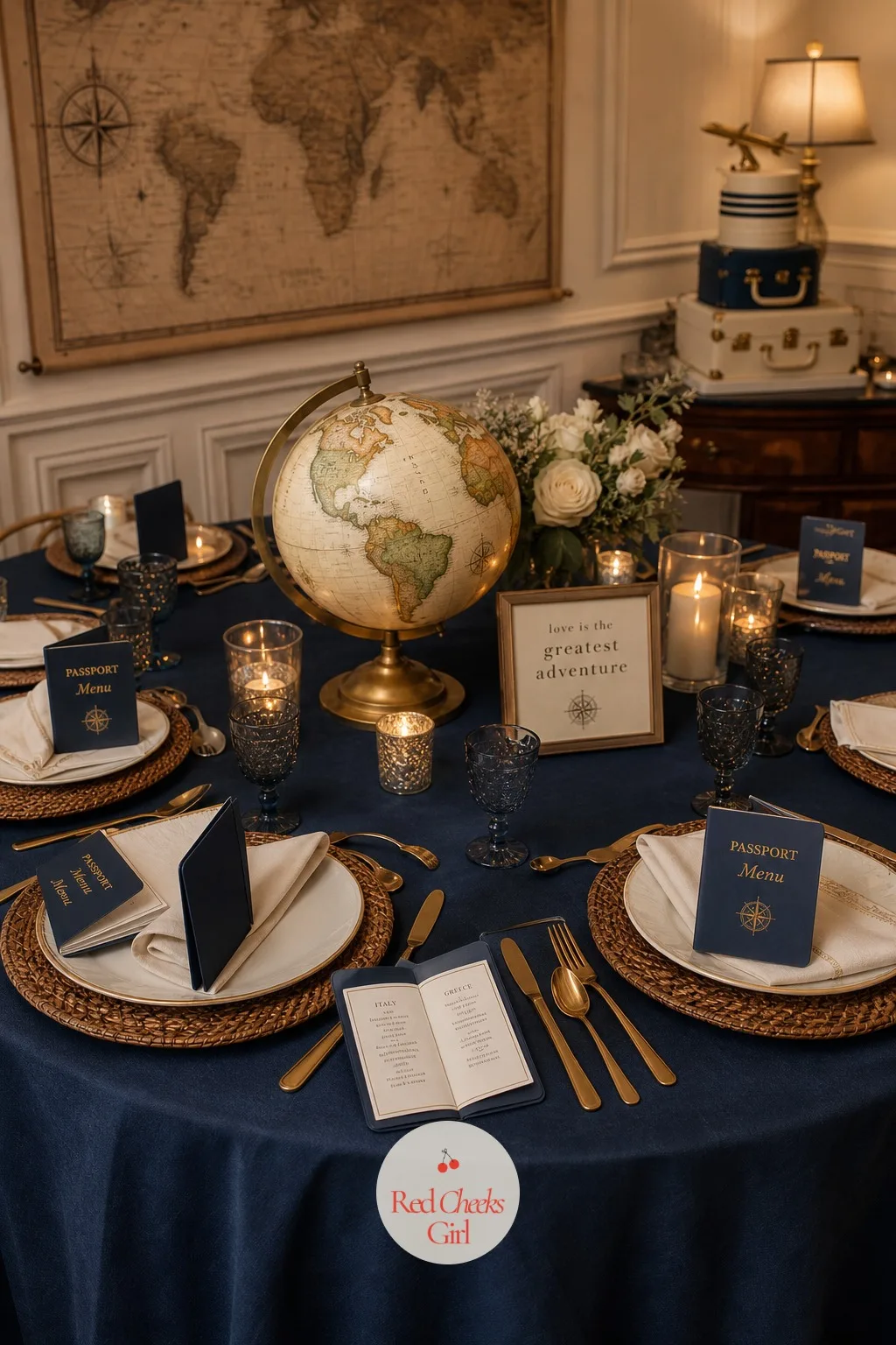 Passport-Style Menus — A printed card listing the courses does its job and gets set aside within the first minute. Travel bridal shower theme