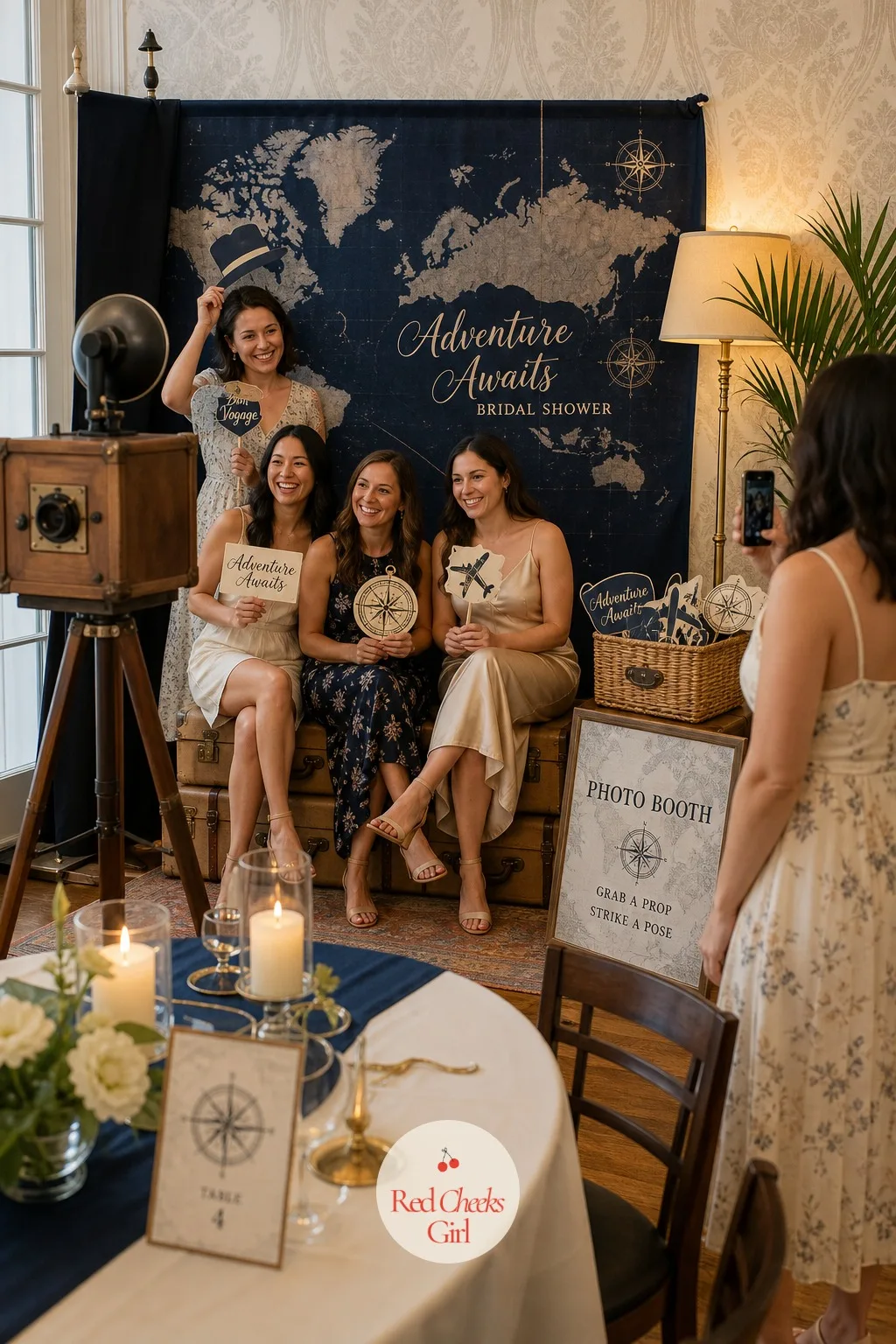 Vintage Camera Photo Booth — A banner stretched across two poles reads like a corporate step and repeat, not a bridal shower. Travel bridal shower theme