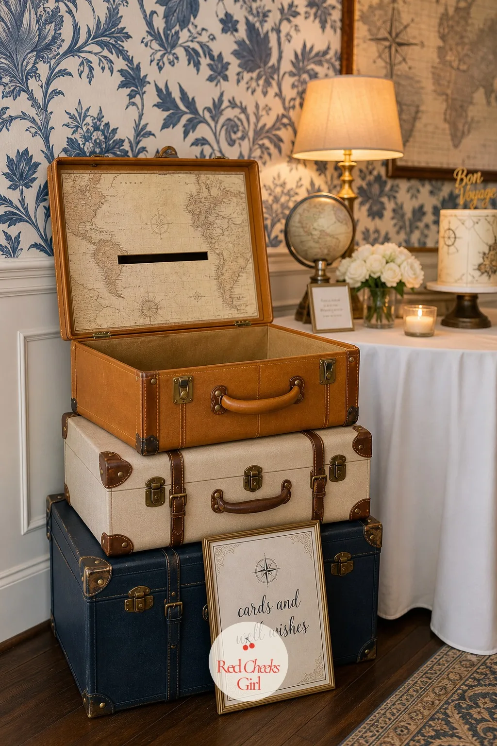 Vintage Suitcase Card Box — A slot cut into a shoebox works, technically, but it never looks like it belongs anywhere near a table set this carefully. Travel