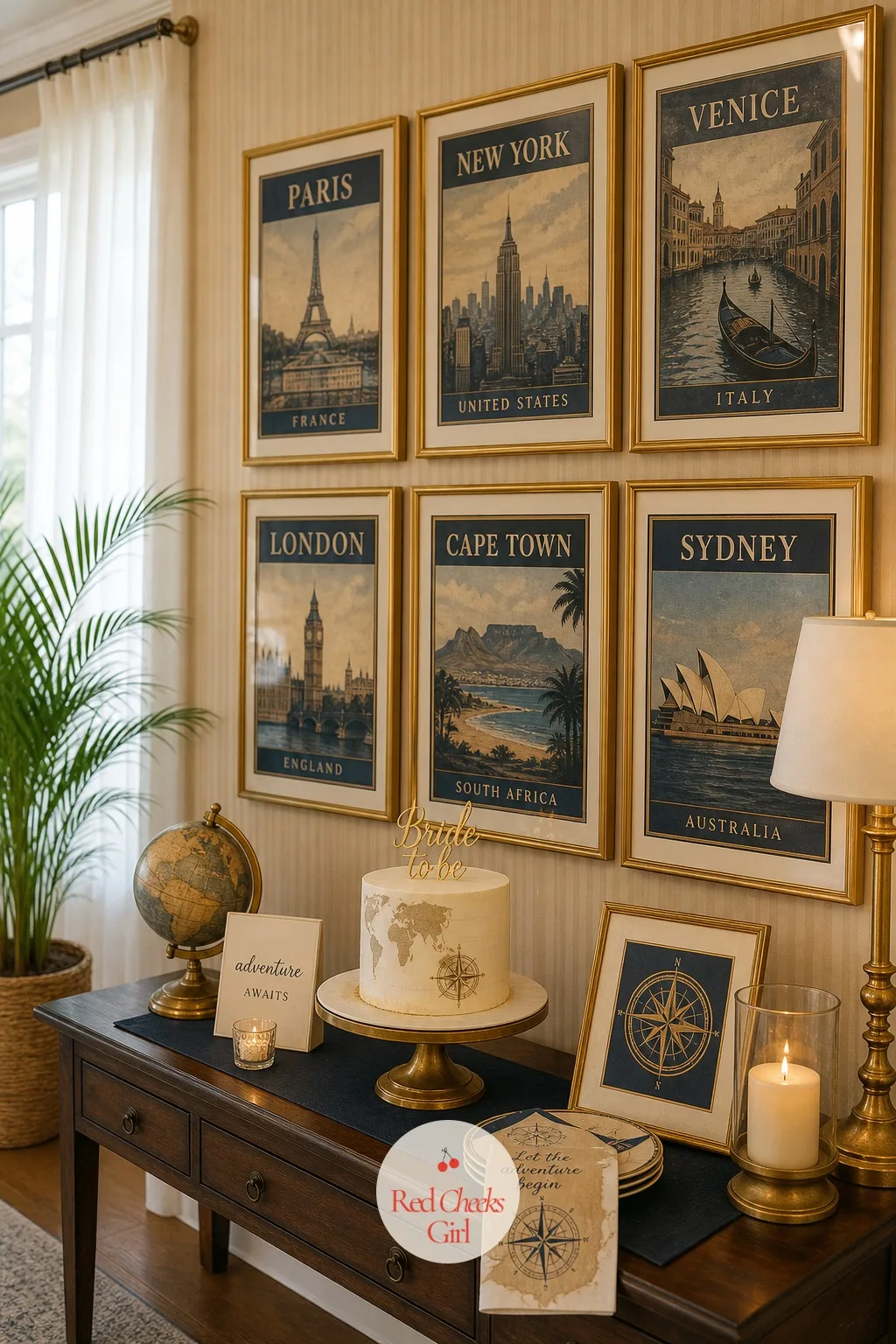 Vintage Travel Poster Gallery Wall — If the room runs long and one backdrop cannot cover it, give the rest of the wall somewhere to look too. Travel bridal