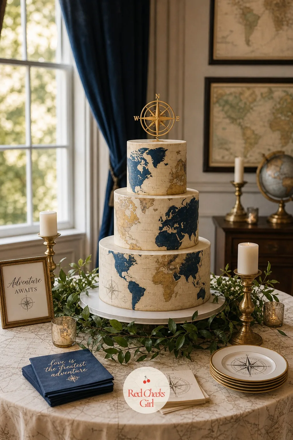 World Map Tiered Cake — A plain white tiered cake looks lovely in every photograph and says absolutely nothing about the party underneath it. Travel bridal