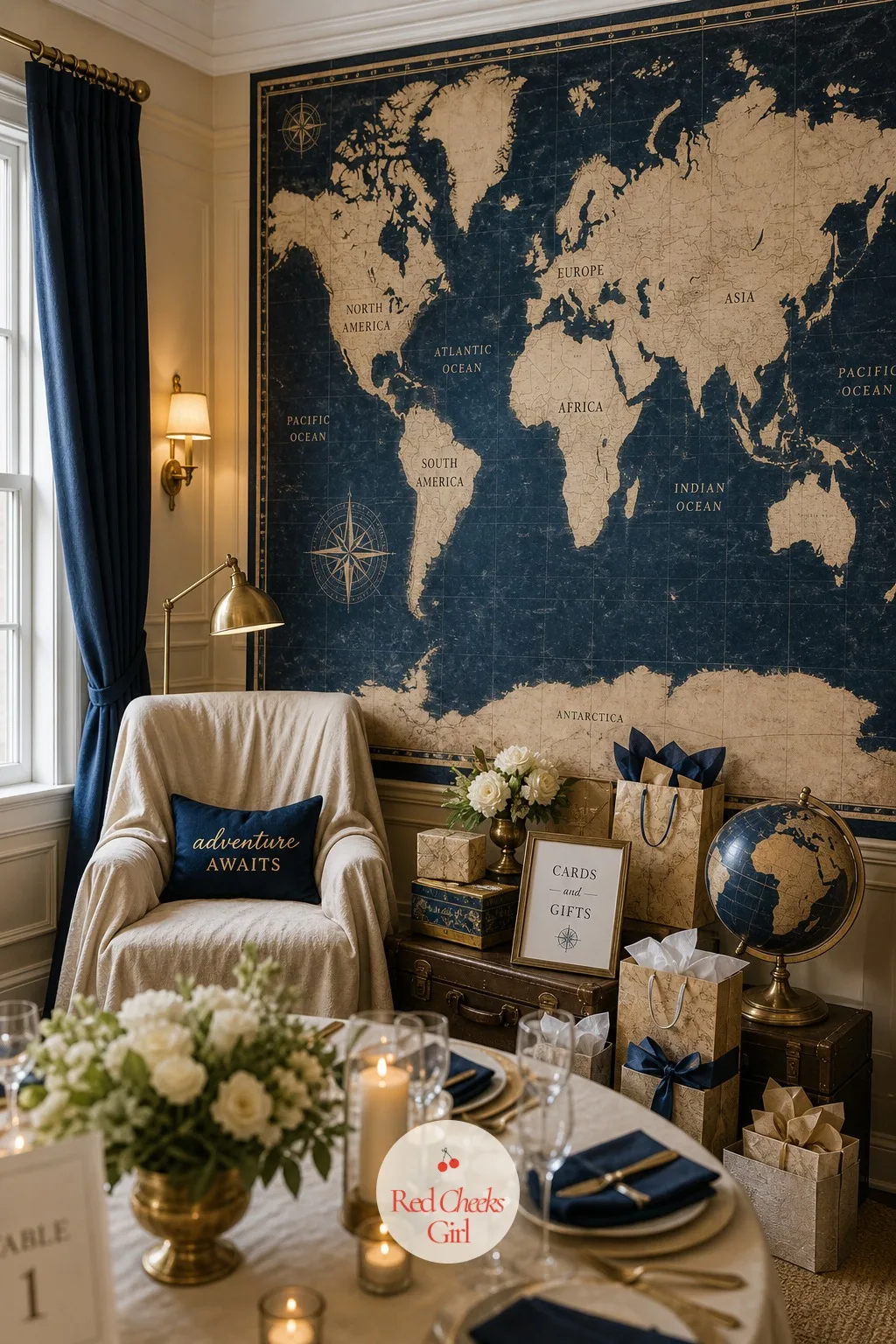 World Map Wall Backdrop — A bare wall behind the gift chair photographs like an afterthought, and this bride has sat in enough airport lounges to notice.
