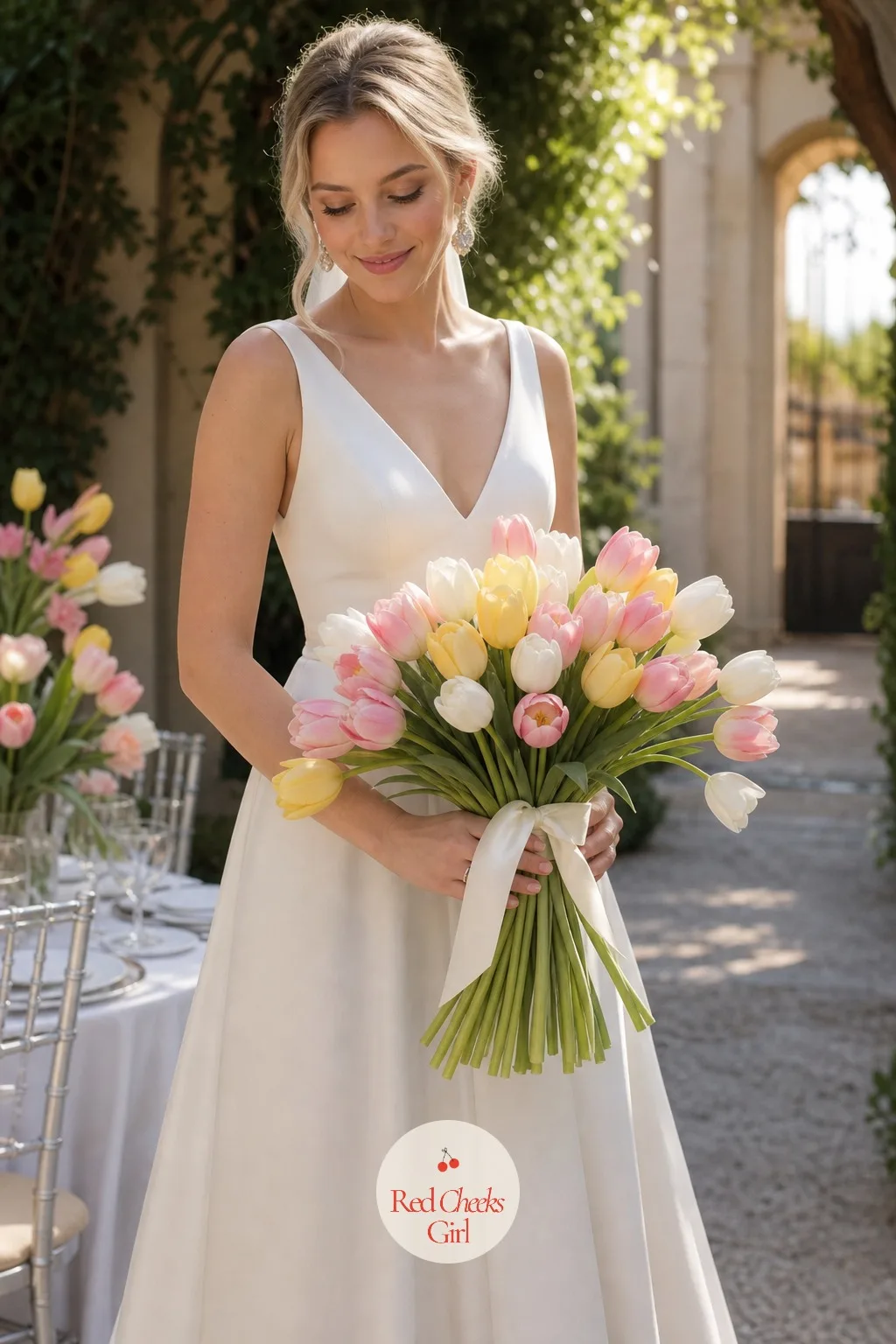 The Bouquet: Tulips Only, Stems Left Long — A bouquet crammed into a tight round ball can swallow a simple dress. Tulip wedding theme