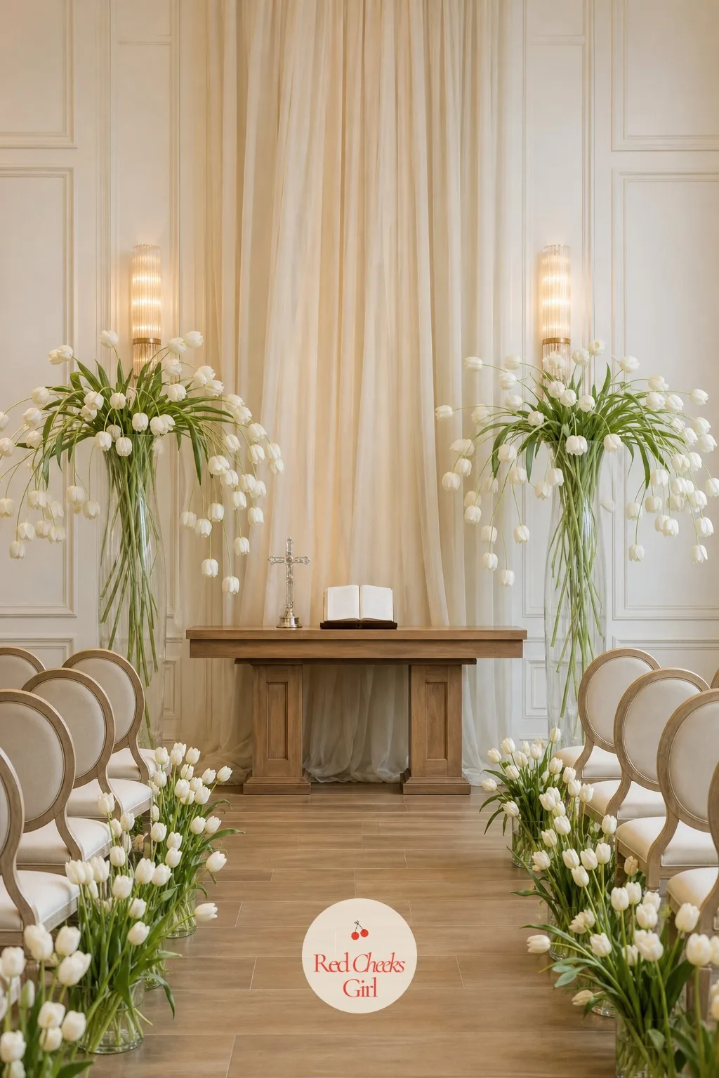 Cascade of White Tulips Flanking the Altar — A ceremony backdrop can feel flat if it is only the arch. Tulip wedding theme