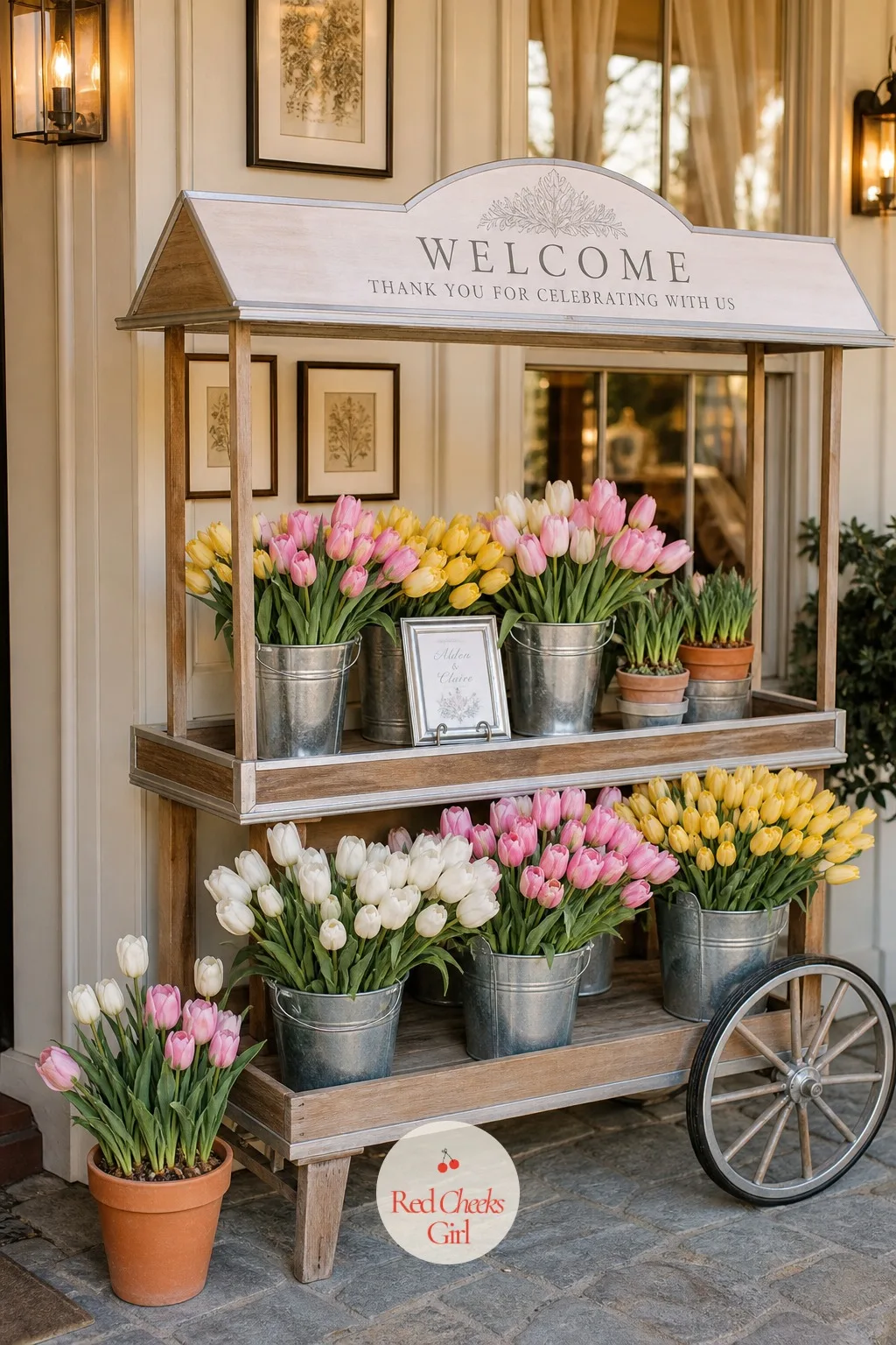 Dutch Style Flower Cart as the Welcome Moment — A folding table at the entrance says nothing. Tulip wedding theme