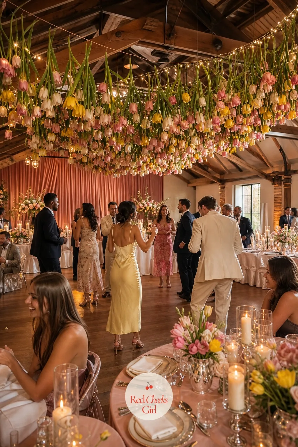 Hanging Tulip Canopy Over the Dance Floor — A dance floor under a bare ceiling feels unfinished the moment the lights go low. Tulip wedding theme