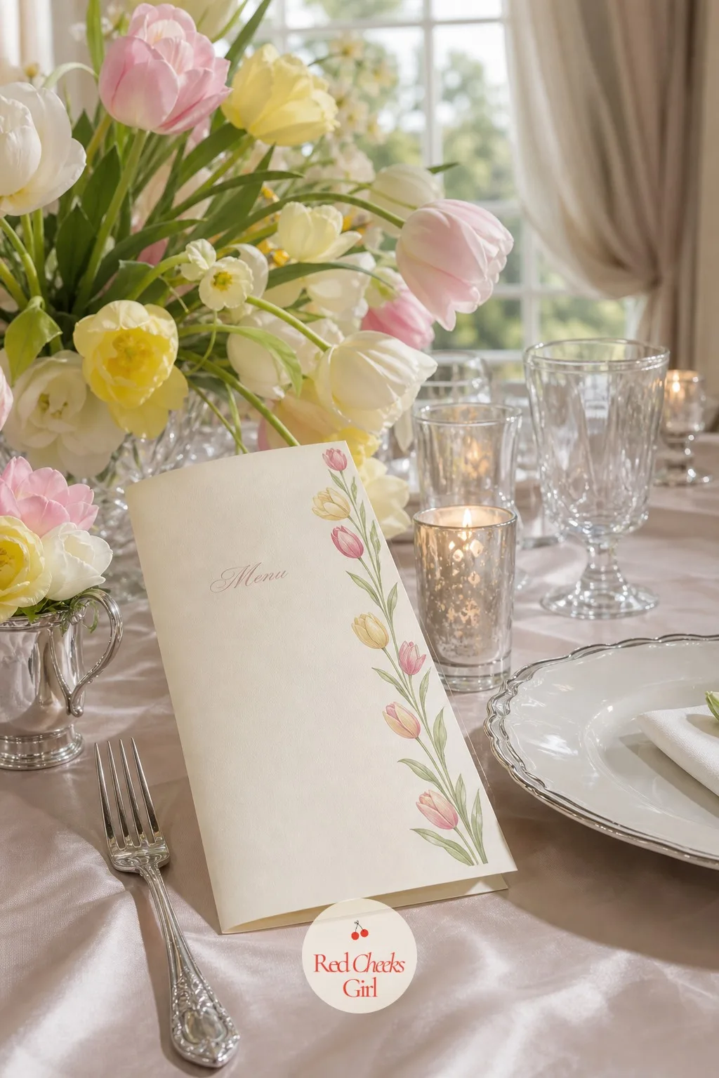 Menu Cards with a Tulip Border — A menu card with nothing on it but text looks like it came from a printer at the last minute. Tulip wedding theme