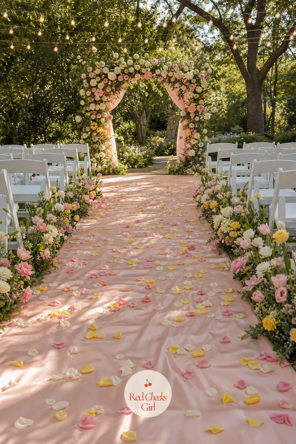 Petal Strewn Aisle in Pink, Butter Yellow and White — A bare aisle runner always looks like it is waiting for something. Tulip wedding theme