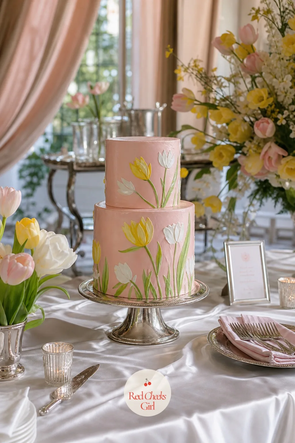 Pink Glazed Cake Hand Painted with Tulips — A plain white cake can feel like it forgot to dress for the occasion. Tulip wedding theme