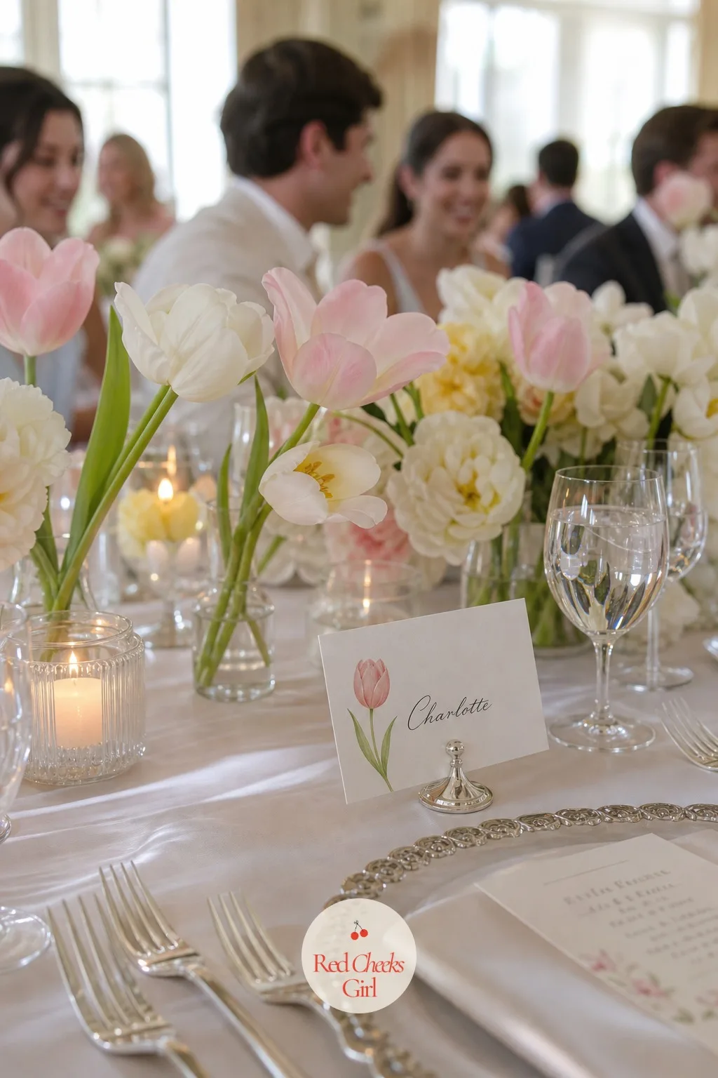 Place Cards with One Painted Tulip Each — A typed name card gets glanced at once. Tulip wedding theme
