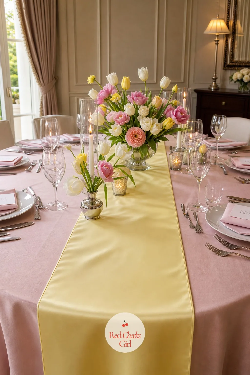 Pressed Satin Table Runner in Butter Yellow — A tablecloth alone can look a little bare down its length. Tulip wedding theme