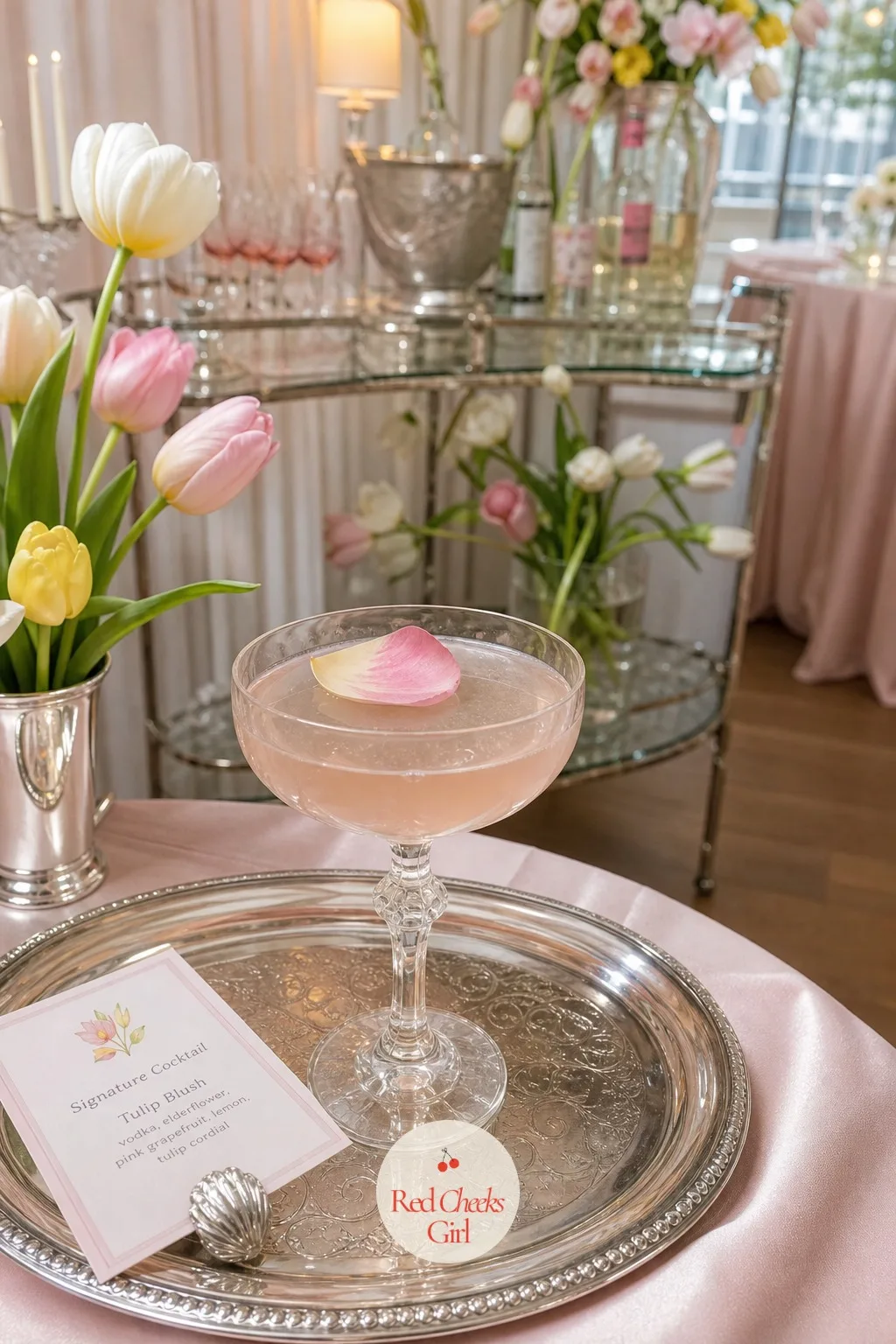 Signature Cocktail with a Tulip Petal Garnish — A welcome drink without a garnish looks like something poured in a hurry. Tulip wedding theme
